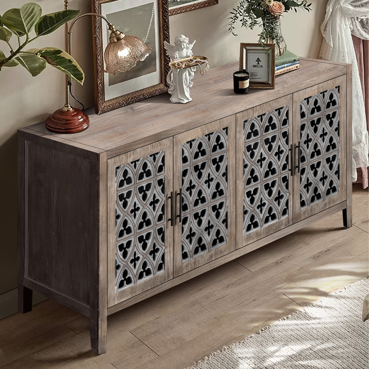 Hollow Four Door Antique Cabinet, American Country Style, Suitable for Living Room, TV Cabinet, Kitchen (Brown) - V.I.P Digital Presence