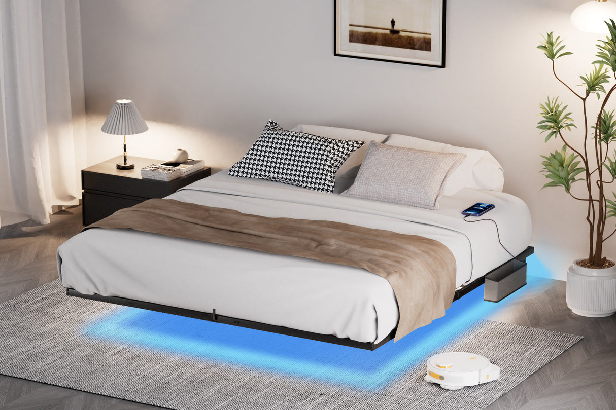 Floating Bed Frame King Size with LED Lights & charging station, Metal Platform Queen Bed, 79.9'' L x 76.2'' W x 7.9'' H. - V.I.P Digital Presence