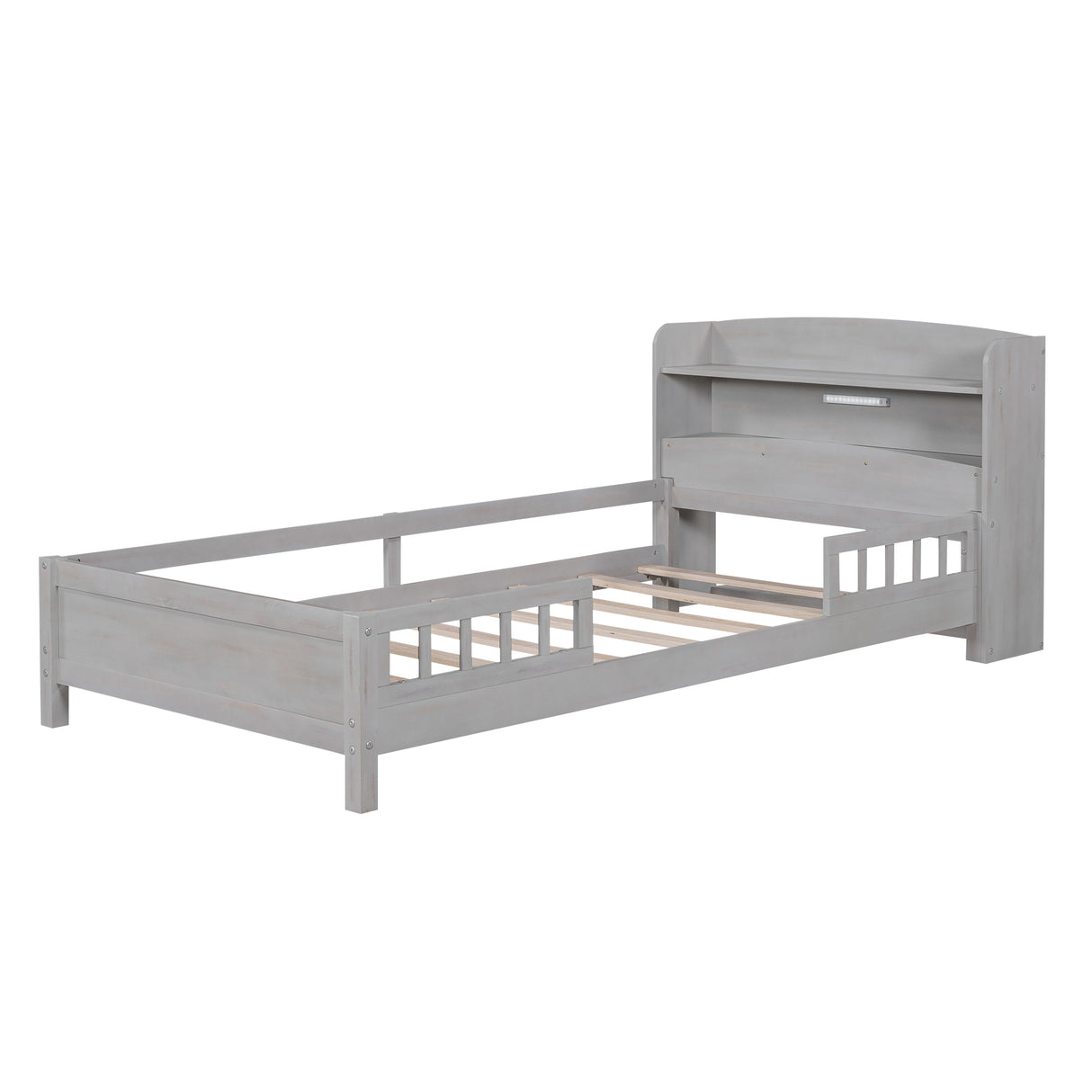 Wood Twin Size Platform Bed with Built-in LED Light Storage Headboard and Guardrail Antique Grey