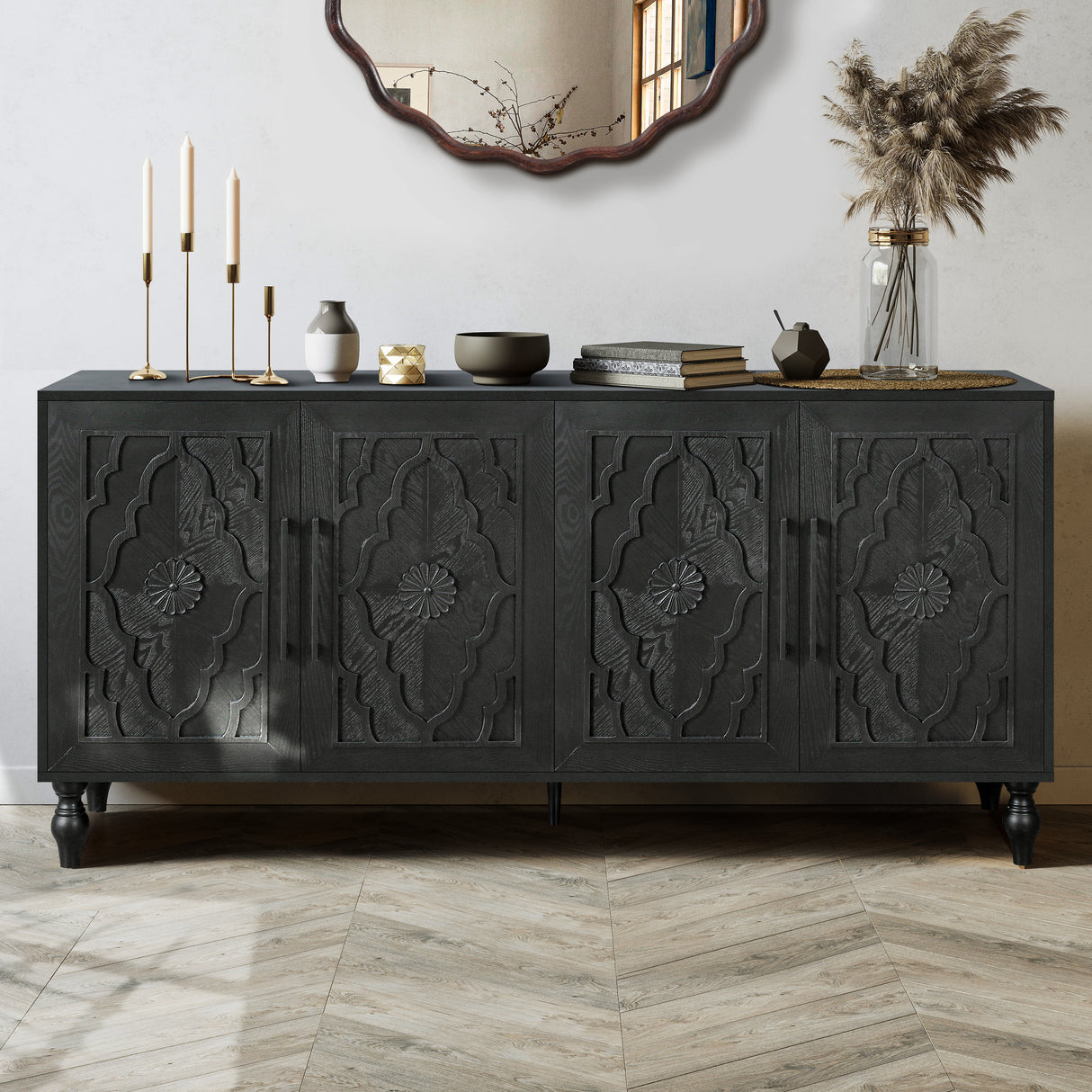 Carved Flower Door Large Storage Cabinet With Metal Handle Suitable For Living Room, Kitchen, Entryway(BLACK) - V.I.P Digital Presence