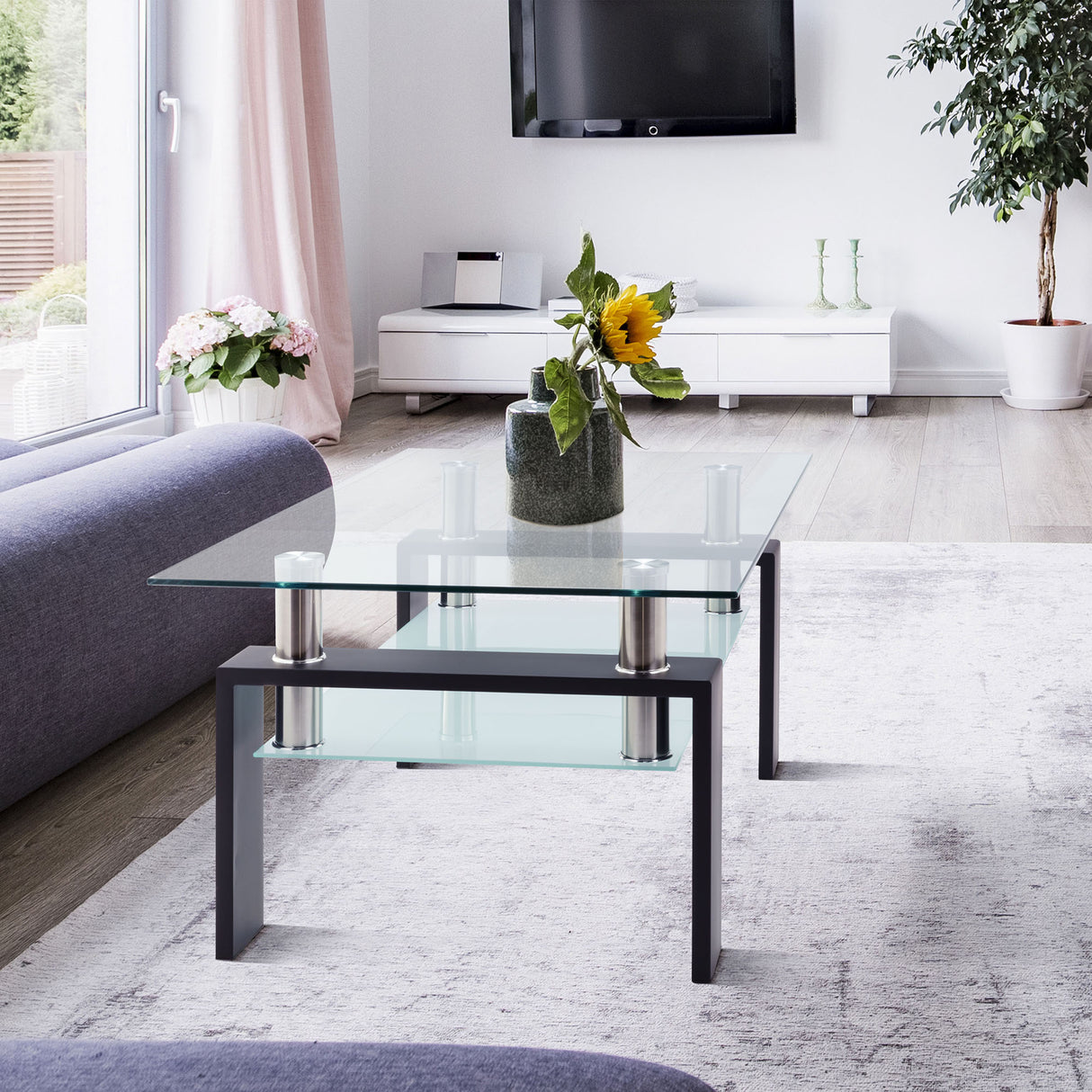 Rectangle Black Glass Coffee Table Clear Coffee Table Modern Side Center Tables for Living Room Living Room Furniture - V.I.P Digital Presence