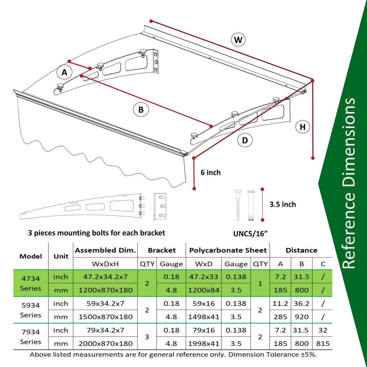 GarLUGH DA4734W Series Door Window Awning Made of 0.137 Inch Thick Crystal Solid Polycarbonate Sheet in size of 47" Wide x 34" - V.I.P Digital Presence