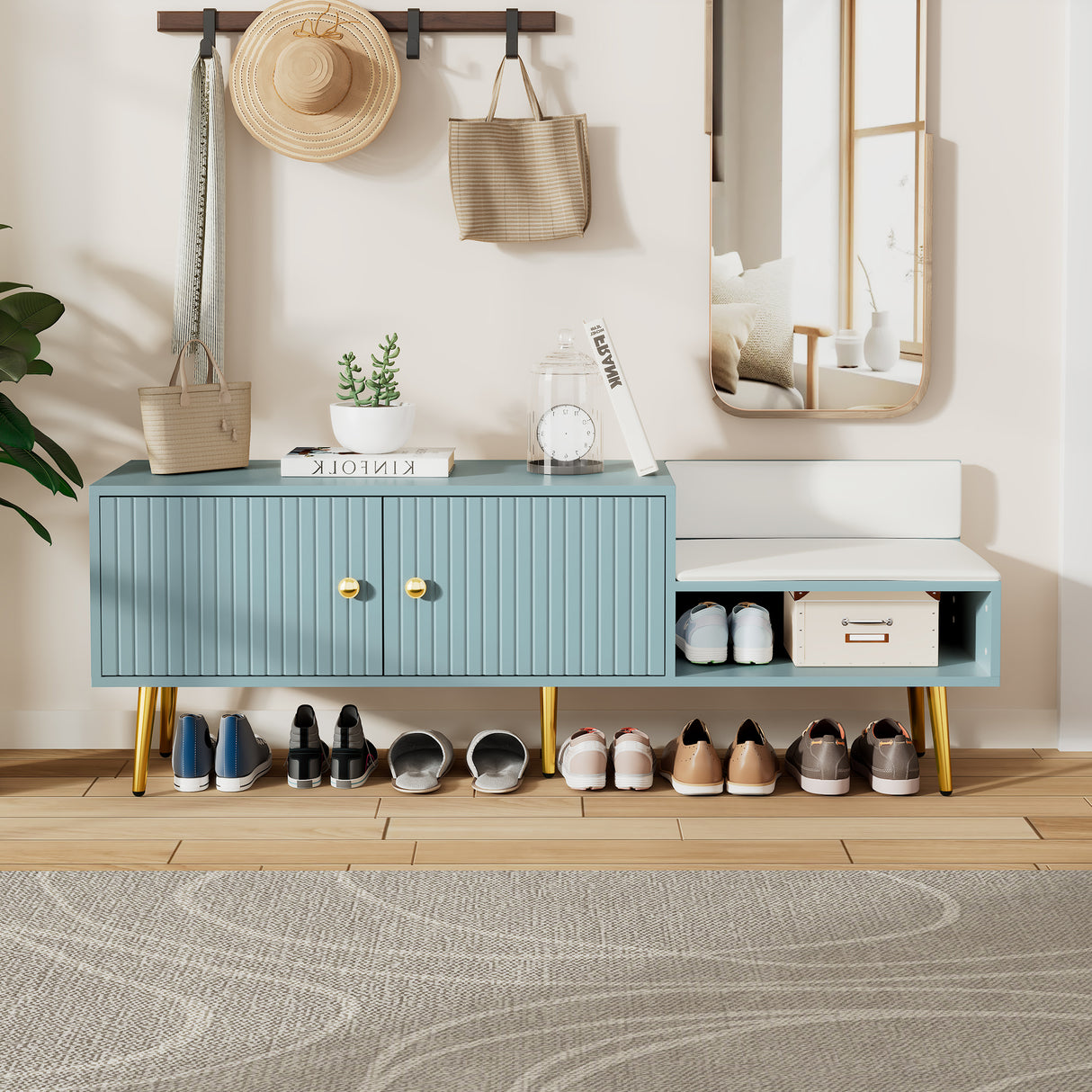 Modern Shoe Storage Bench with Hidden Storage and Upholstered Cushions for Bedside, Living Room and Entryway (Tiffany Blue) - V.I.P Digital Presence