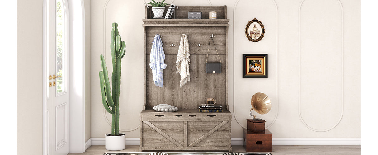 Hall tree with storage desk, entrance desk with drawers and 5 hooks, display rack,Oak - V.I.P Digital Presence