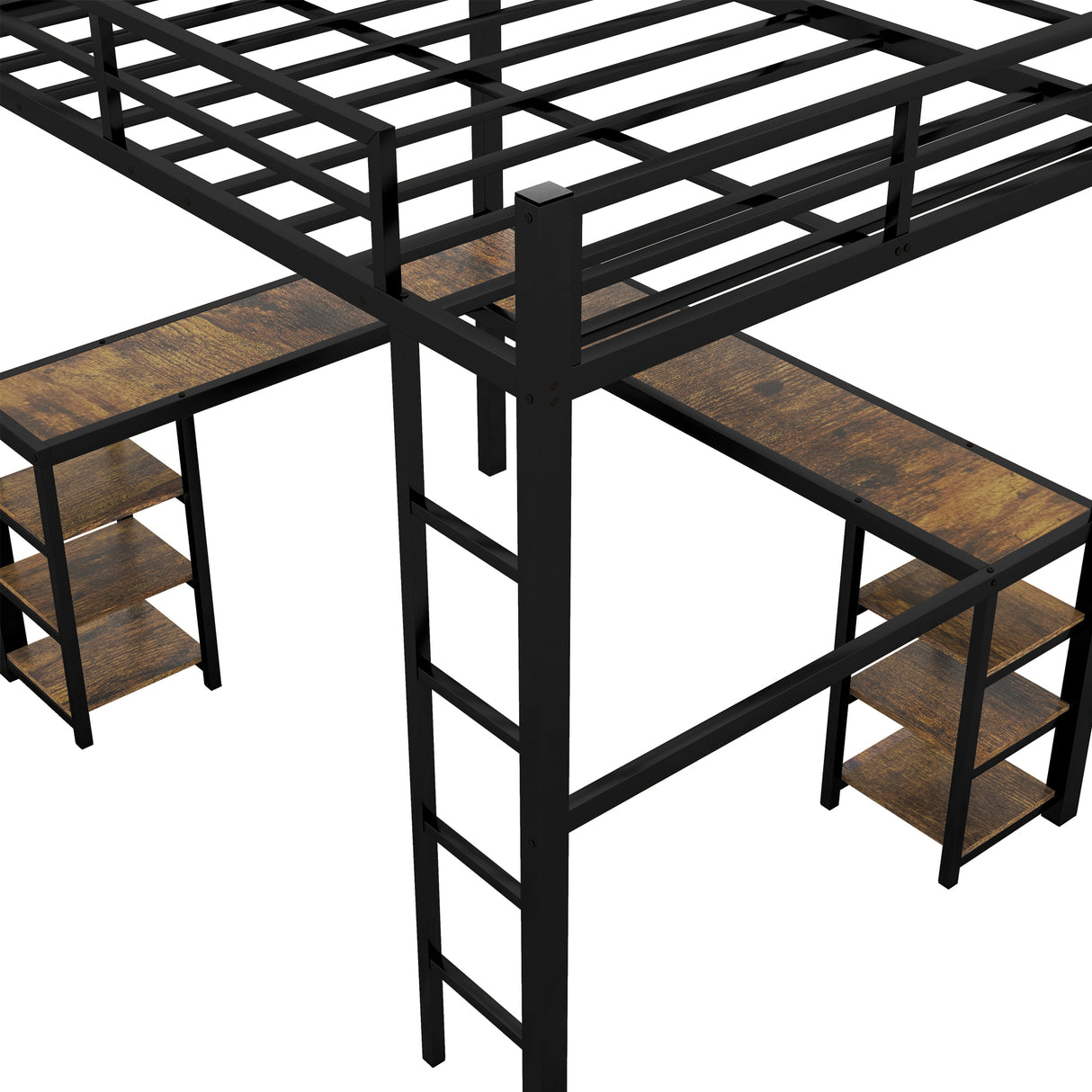 Full Metal Loft Bed with Desk and Shelves, Loft Bed with Ladder and Guardrails, Loft Bed Frame for Bedroom, Black - V.I.P Digital Presence
