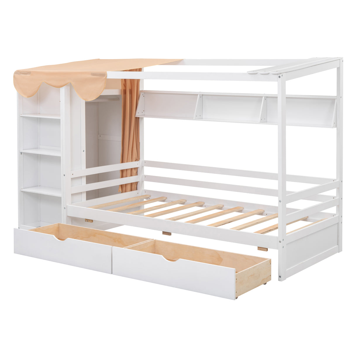 Twin size House Bed with Two Drawers and Wardrobe,White - V.I.P Digital Presence