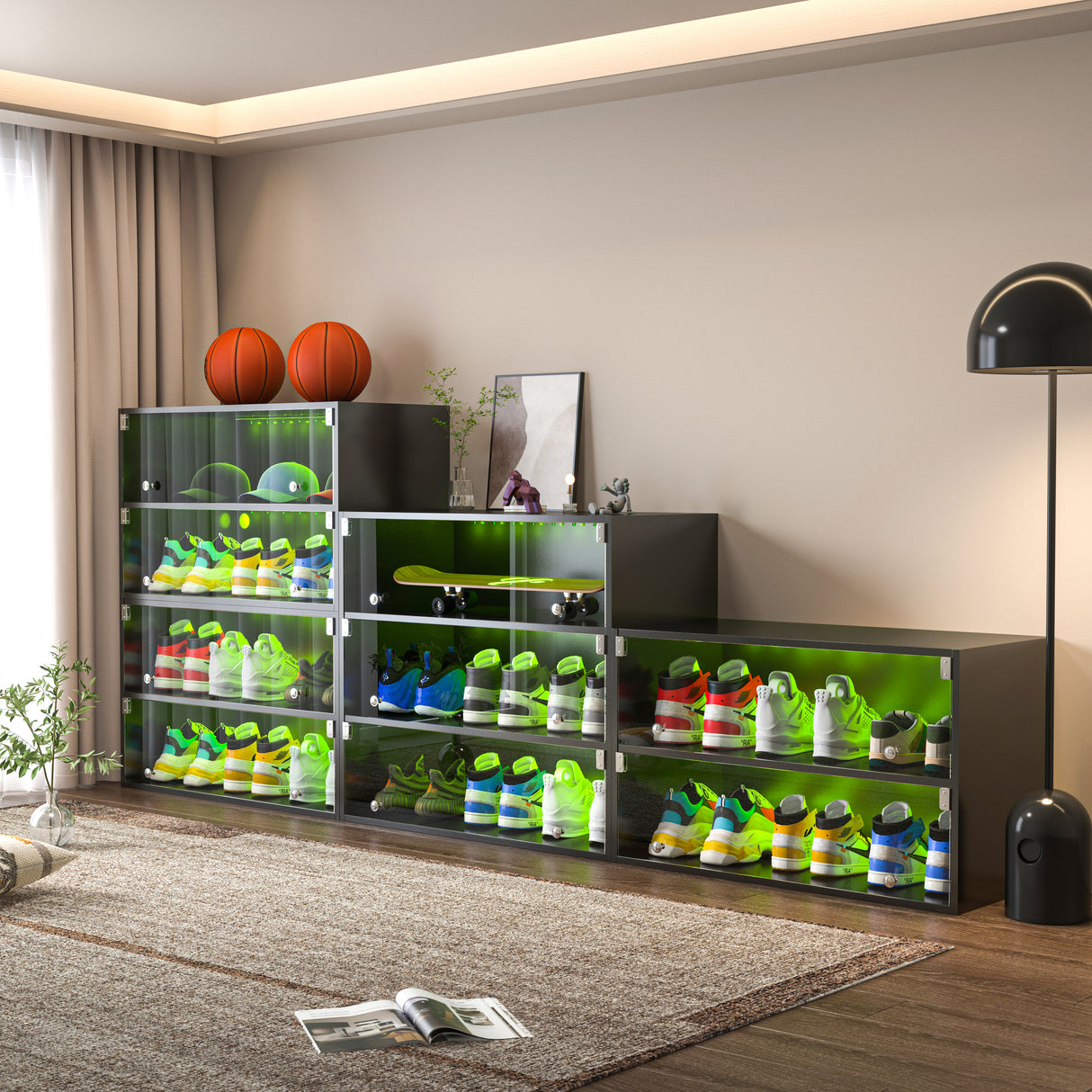 Black Glass Door Shoe Box Shoe Storage Cabinet For Sneakers With RGB Led Light - V.I.P Digital Presence