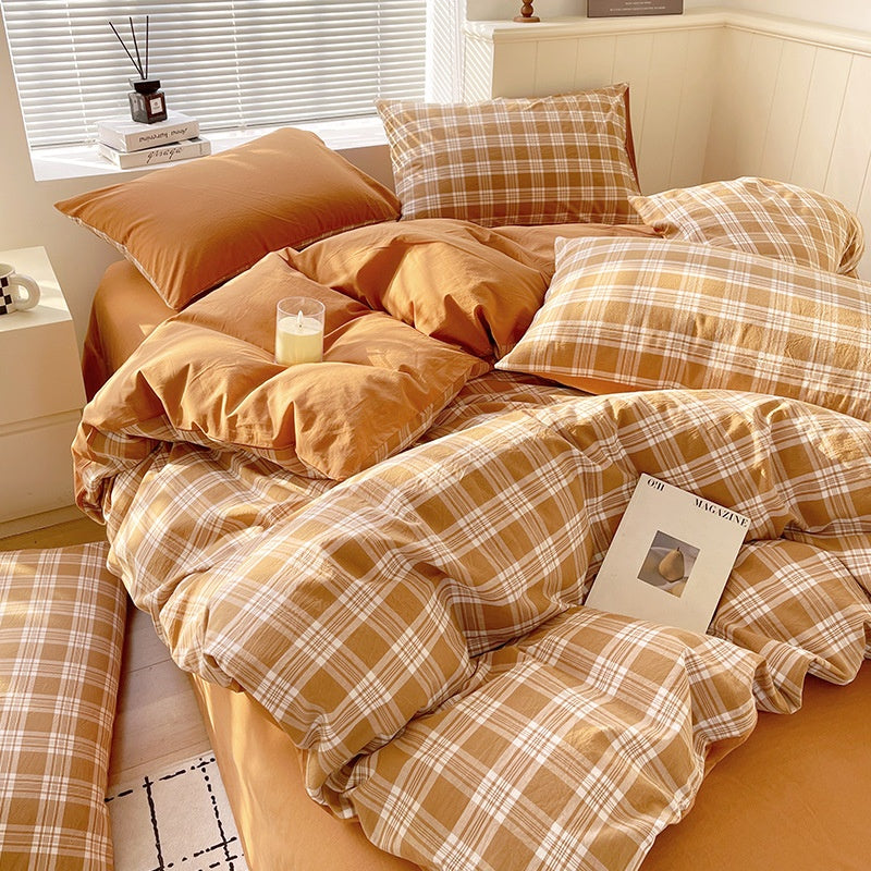 Juego de ropa de cama de algodón lavado teñido de algodón puro de clase A, sábana plana, funda de edredón, sábana ajustable, funda de edredón, juego de tres piezas a rayas