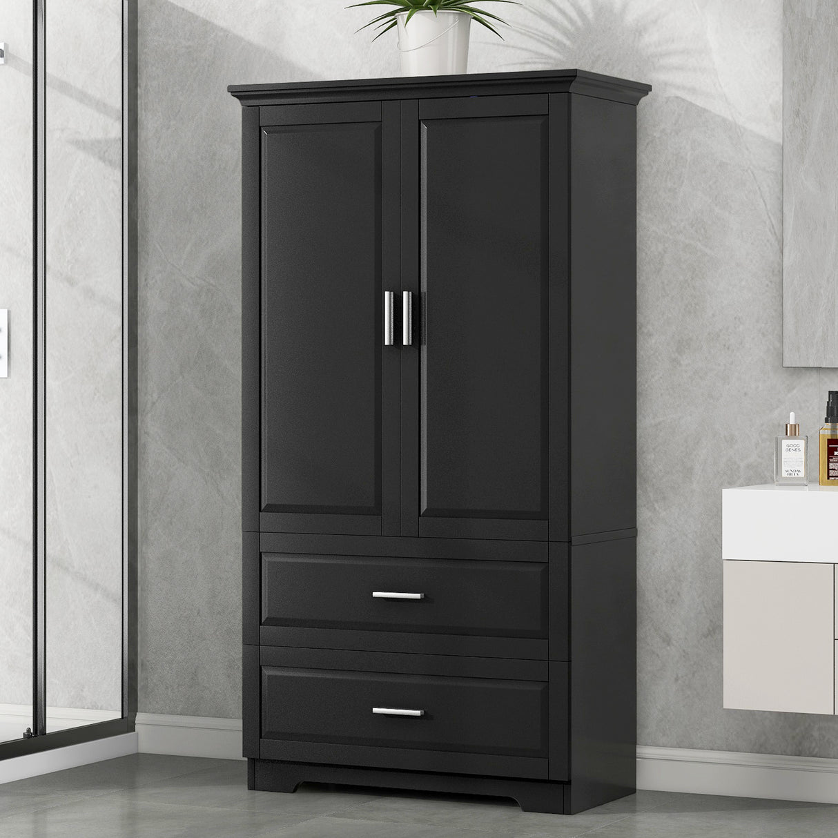 Tall Bathroom Storage Cabinet, Cabinet with Two Doors and Drawers, Adjustable Shelf, MDF Board, Black - V.I.P Digital Presence