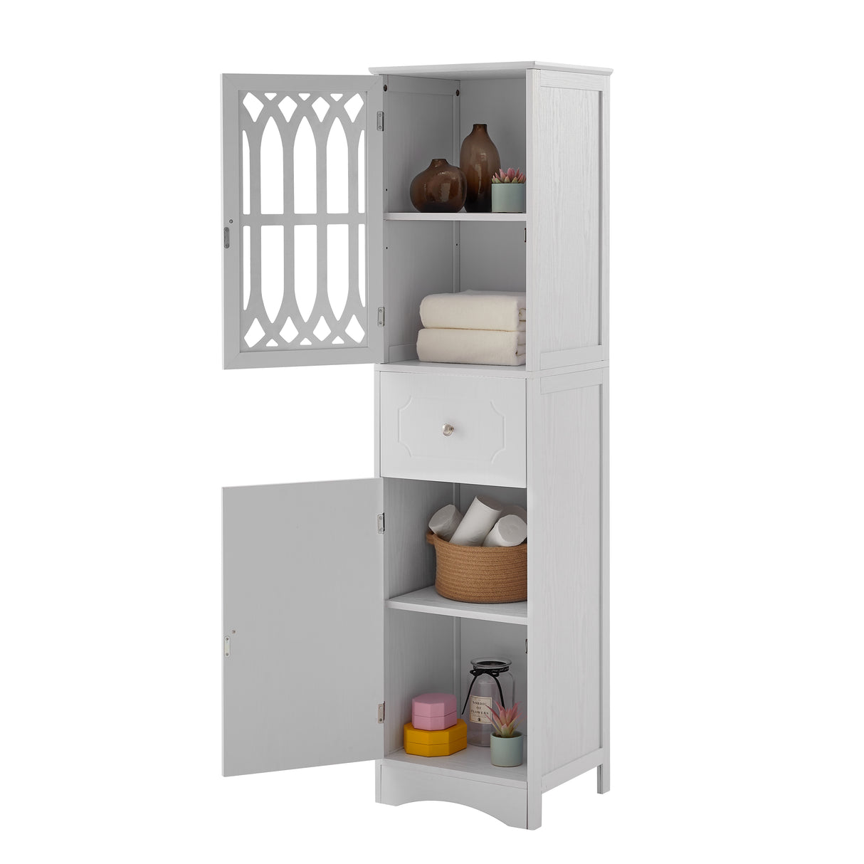 Tall Bathroom Cabinet, Freestanding Storage Cabinet with Drawer and Doors, MDF Board, Acrylic Door, Adjustable Shelf, White - V.I.P Digital Presence