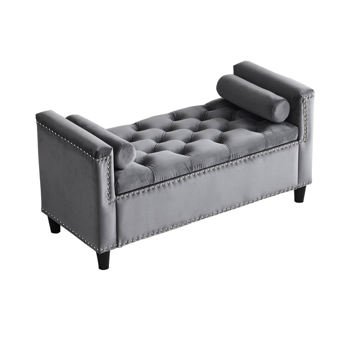 Storage Bench, 44.5-Inch Queen Velvet Button Bedside Bench, Entryway Living Room with Armrests, Nailhead Trim Gray - V.I.P Digital Presence