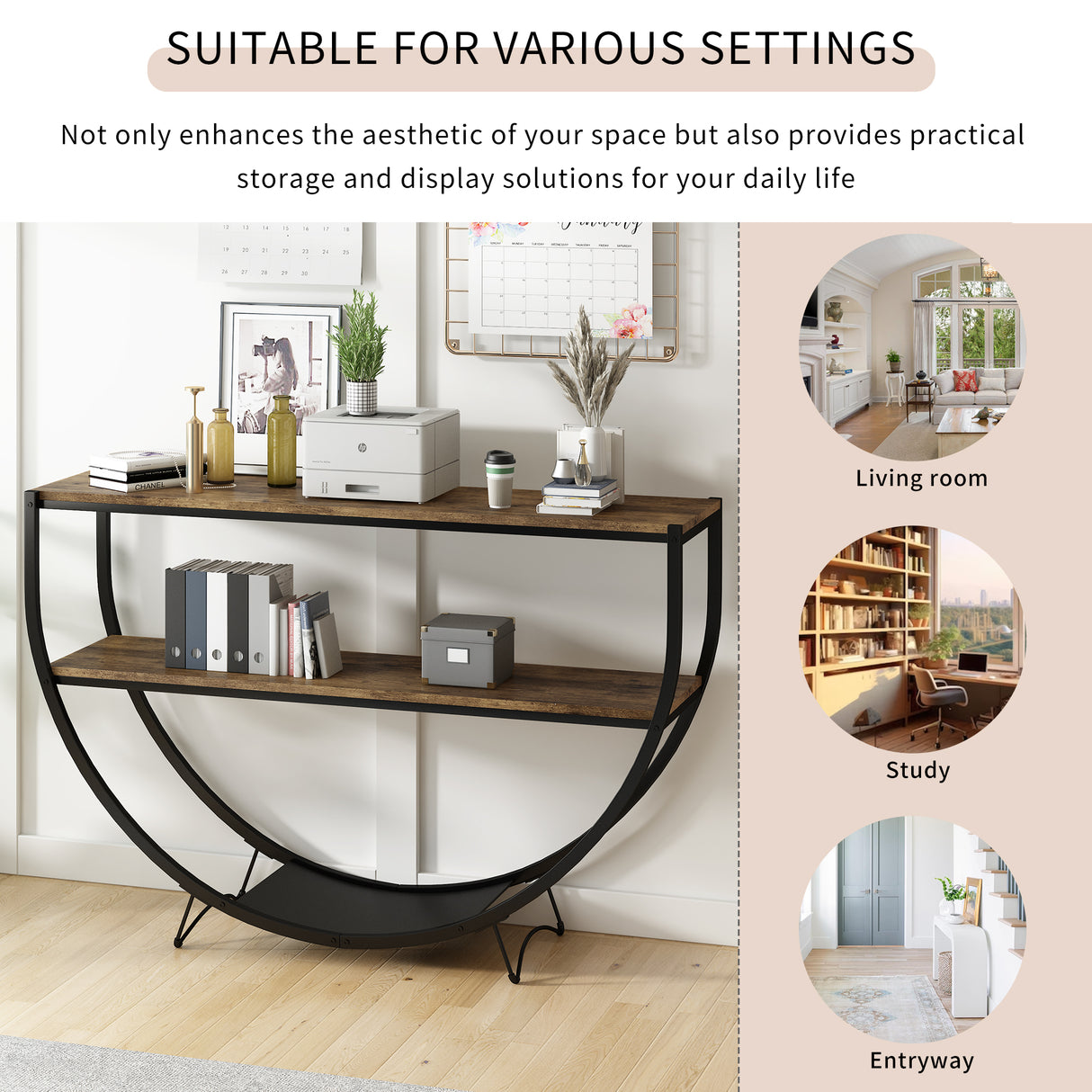 TREXM Rustic Industrial Design Demilune Shape Textured Metal Distressed Wood Console Table (Distressed Brown) - V.I.P Digital Presence