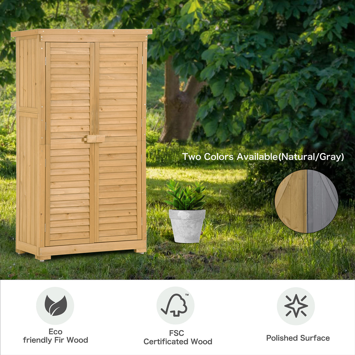 Wooden Garden Shed 3-tier Patio Storage Cabinet Outdoor Organizer Wooden Lockers with Wood (Natural Wood Color -Shutter Design) - V.I.P Digital Presence