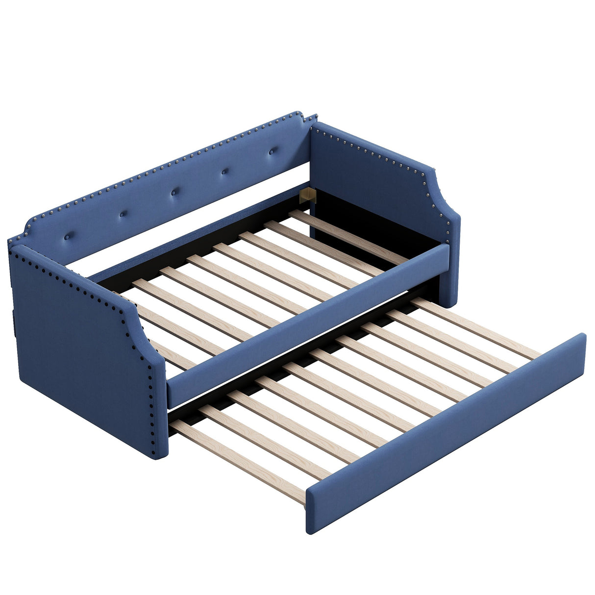 Upholstered Daybed with Trundle, Wood Slat Support,Upholstered Frame Sofa Bed Twin Blue - V.I.P Digital Presence