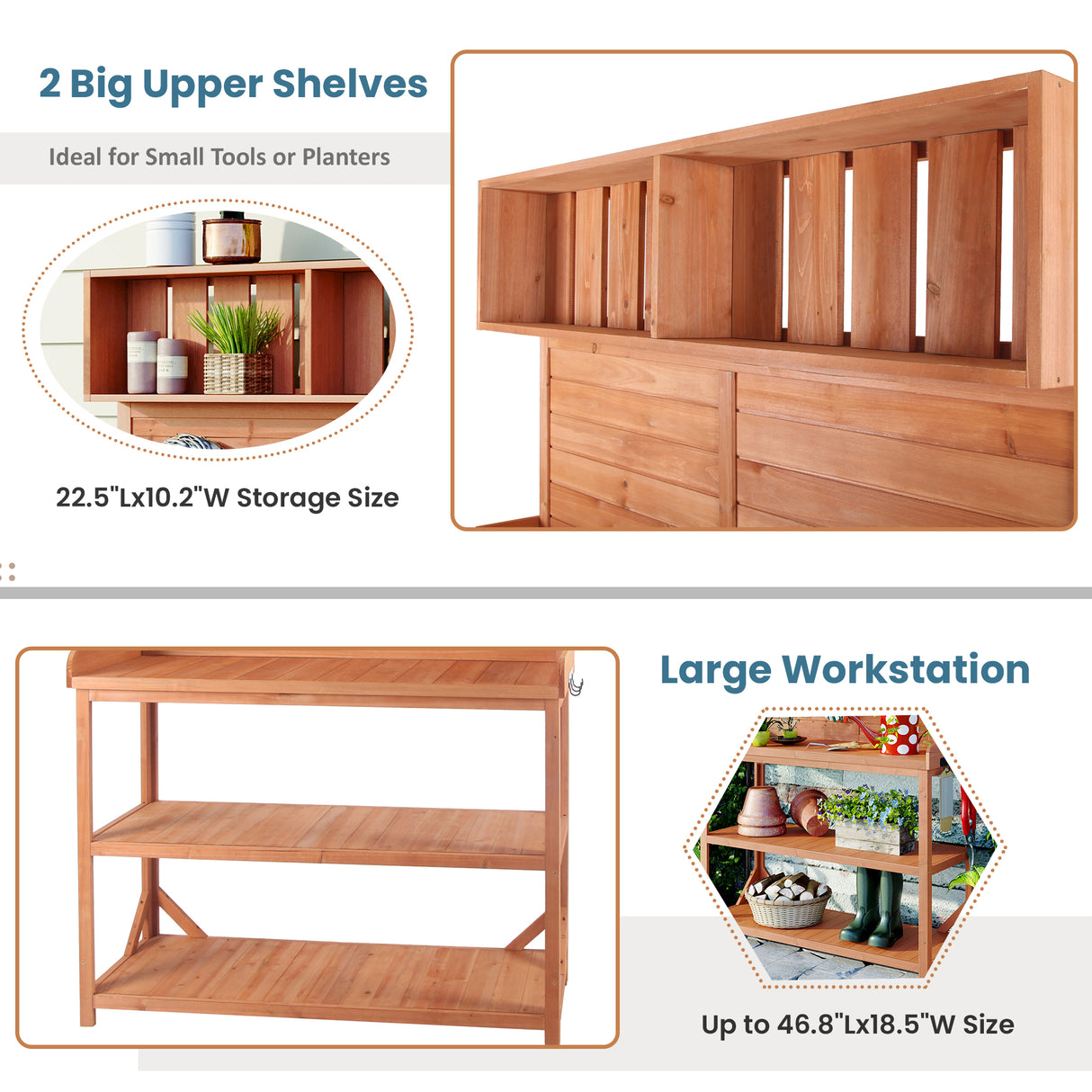 65" Large Wooden Farmhouse Rustic Outdoor Potting Bench Table Garden Potting Bench with 4 Storage Shelves and Side Hook,Natural - V.I.P Digital Presence