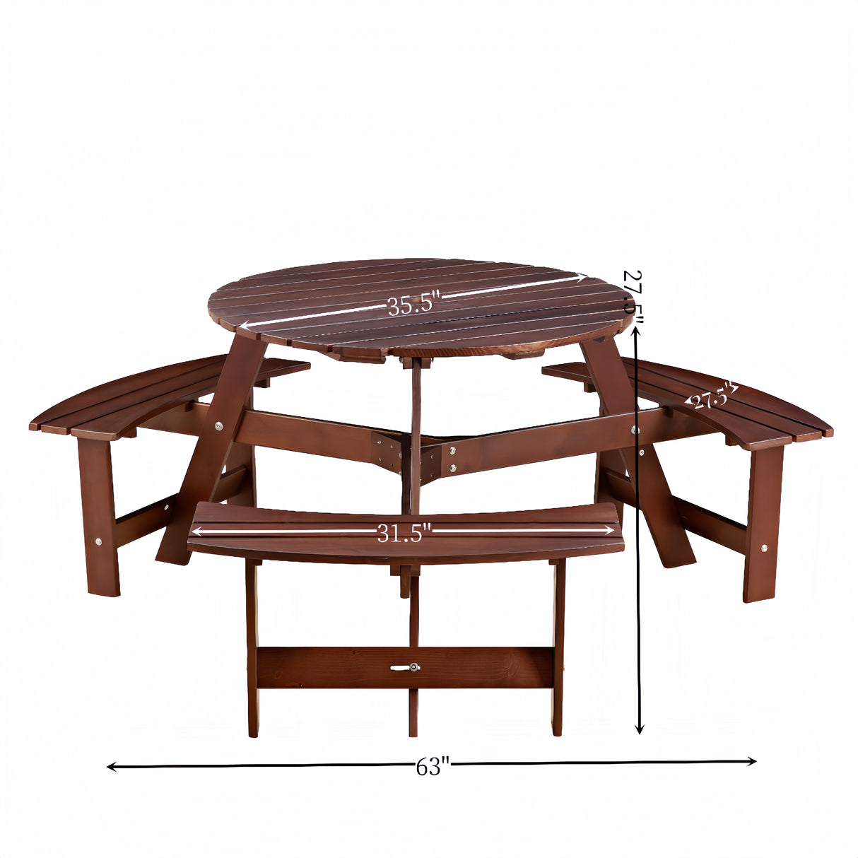 6-person circular picnic table with 3 built-in benches, umbrella holes, outdoor tables and chairs brown bench set - V.I.P Digital Presence
