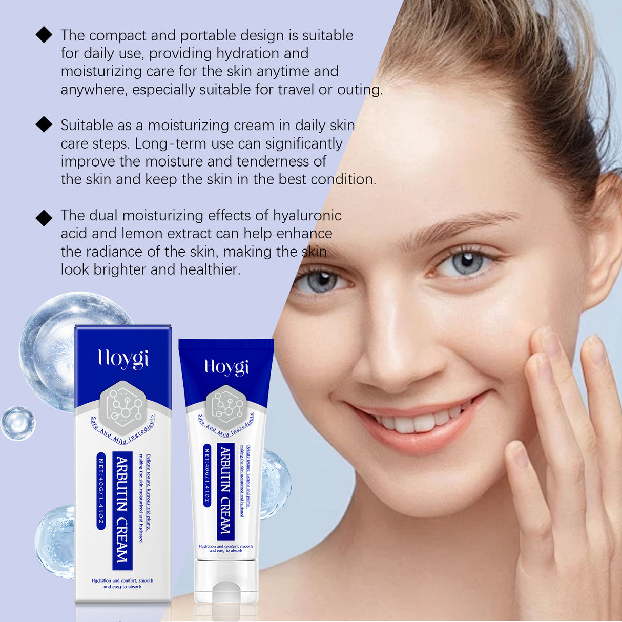 Crema hidratante de arbutina para el cuidado facial. Hidrata suavemente y nutre la piel para dejarla suave y radiante.