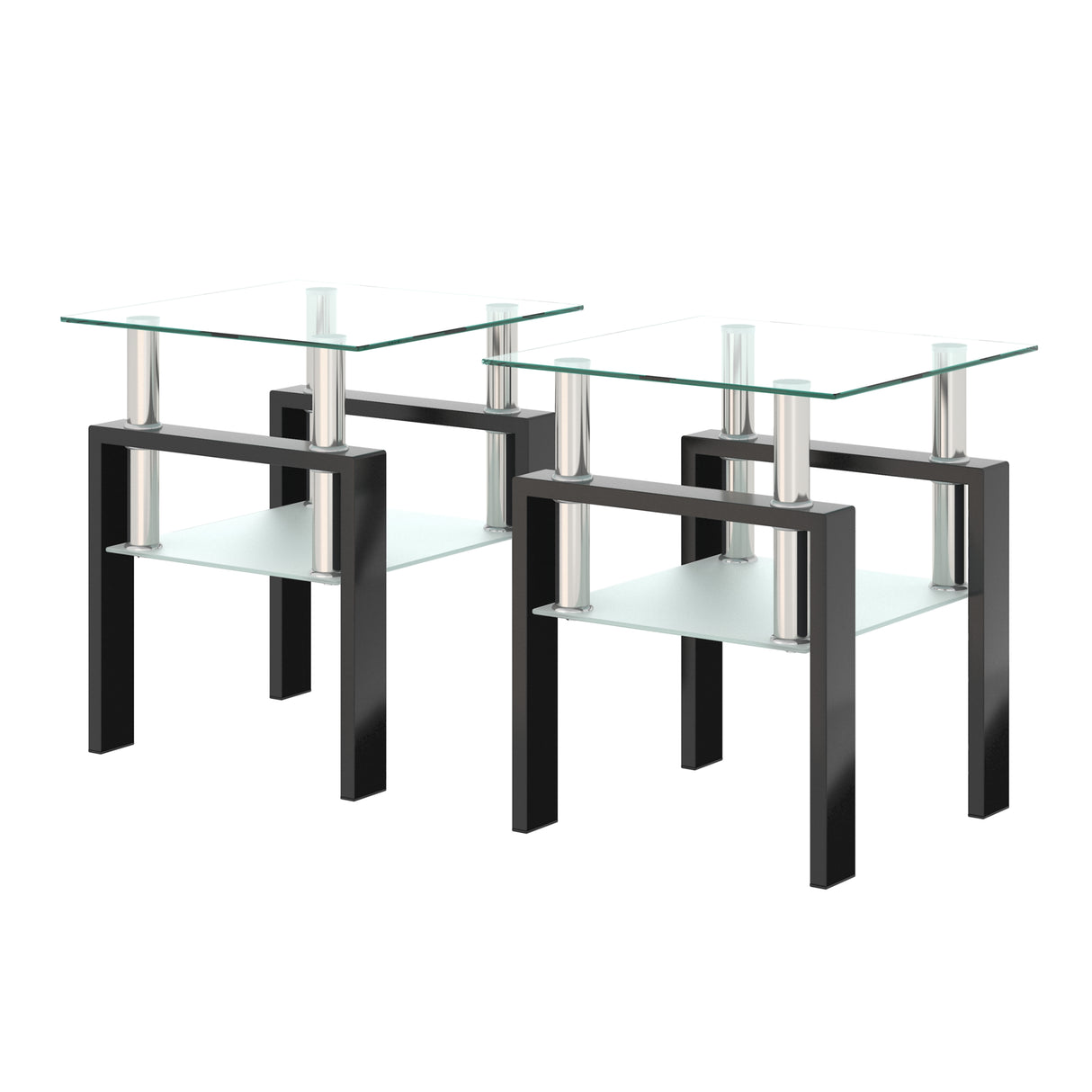 Set of 2, Modern Tempered Glass Tea Table Coffee Table End Table, Square Table for Living Room, Transparent/Black - V.I.P Digital Presence