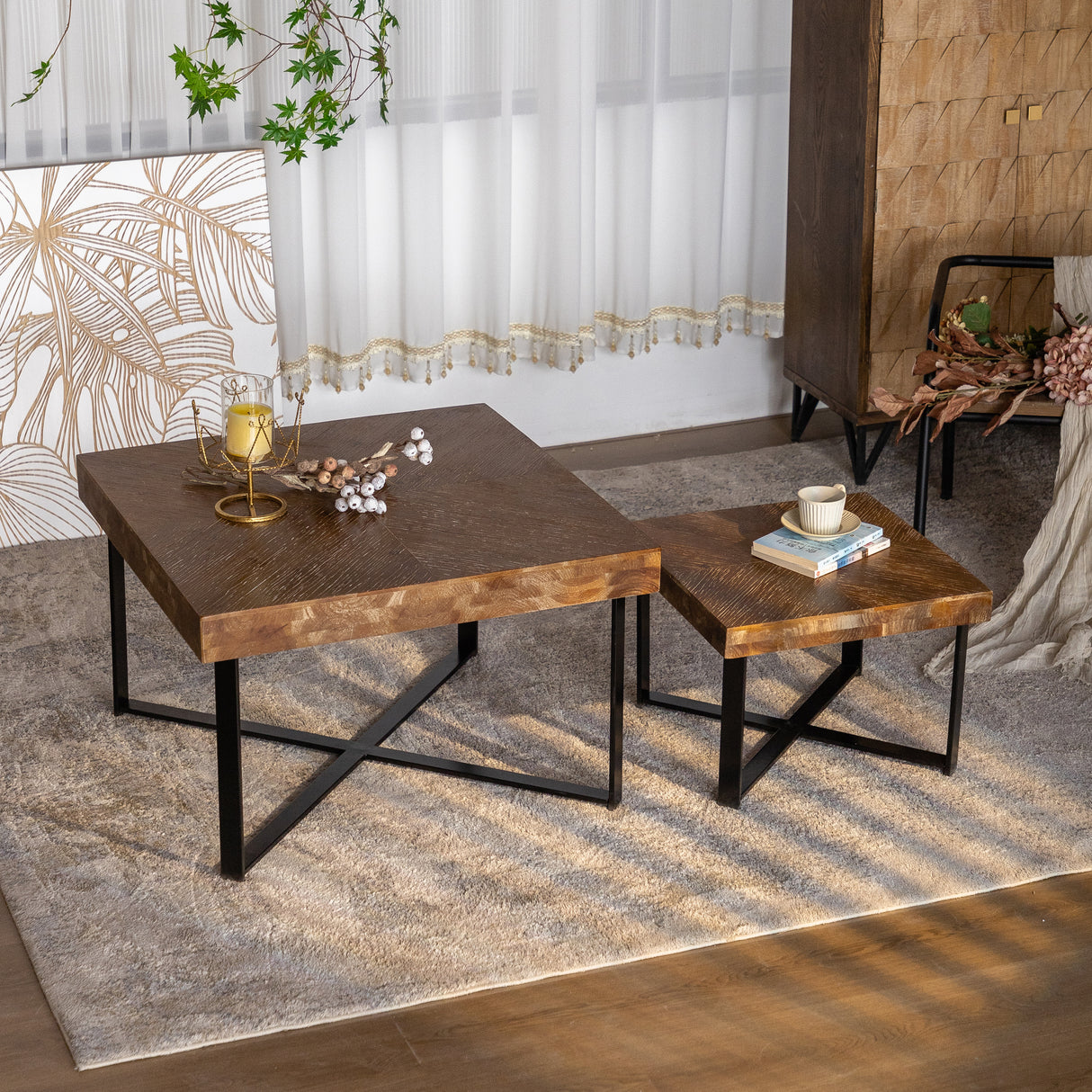 31.3"Modern Retro Splicing Square Coffee Table Fir Wood Table Top with Cross Legs Metal Base (Set of 2 pcs )