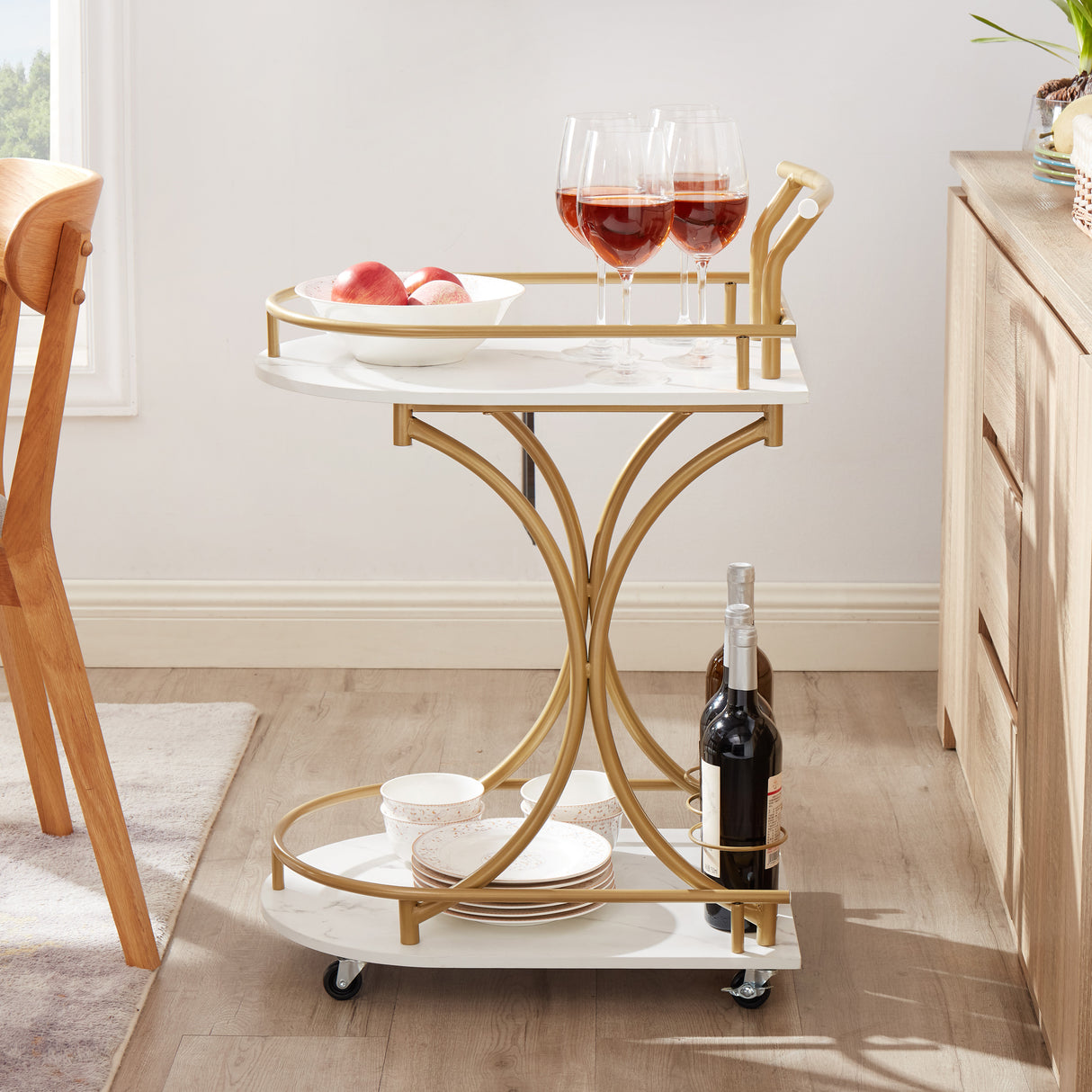 Double decker bar cart, mobile bar service cart, kitchen industrial style wine cart, beverage cart with wine rack and glass rack - V.I.P Digital Presence