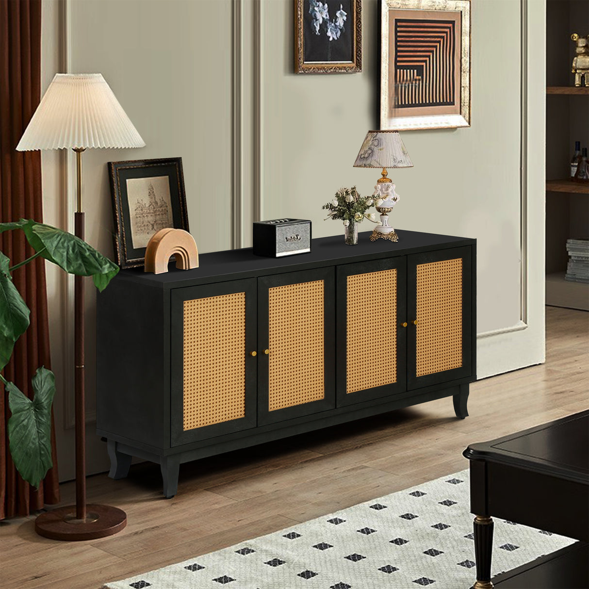 Handcrafted Premium Grain Panels Rattan Sideboard Buffer Cabinet Accent Storage Cabinet With 4 Rattan Doors BLACK - V.I.P Digital Presence