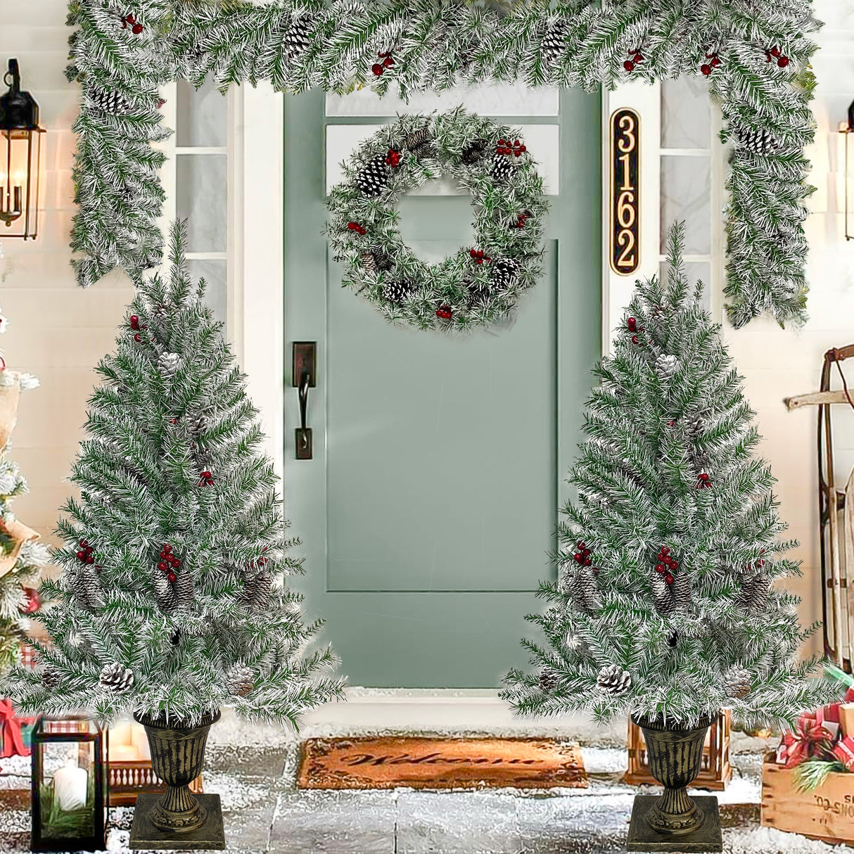 Pre-lit Xmas Tree Artificial Christmas 4-Piece Set,Garland, Wreath and Set of 2 Entrance Trees X-mas - V.I.P Digital Presence