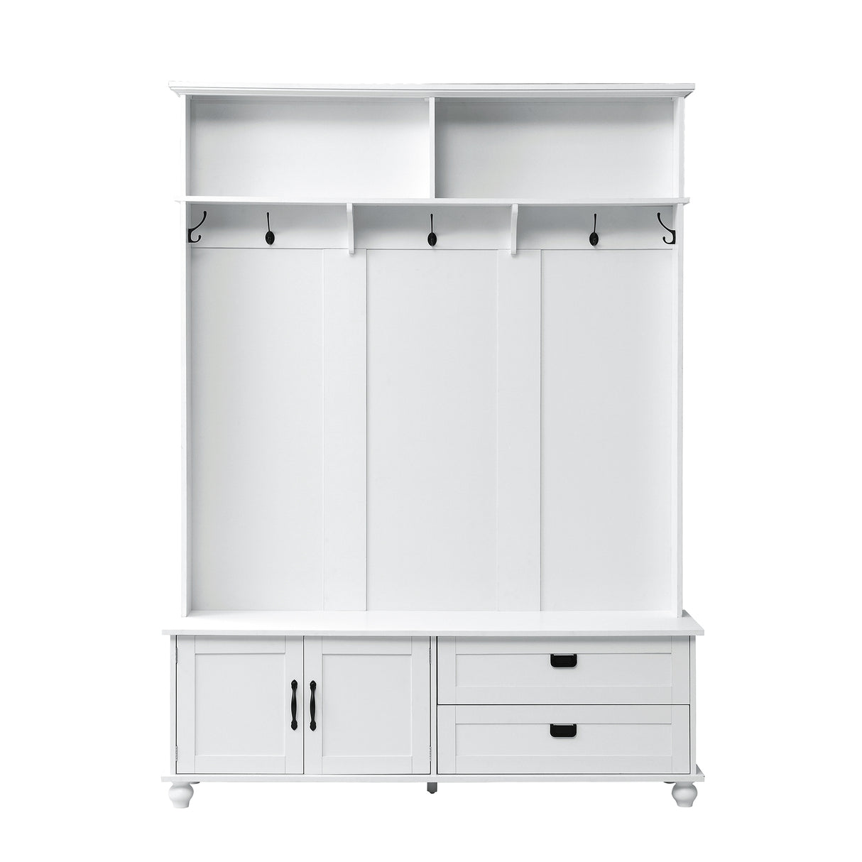 ON-TREND Modern Style Hall Tree with Storage Cabinet and 2 Large Drawers, Widen Mudroom Bench with 5 Coat Hooks, White - V.I.P Digital Presence