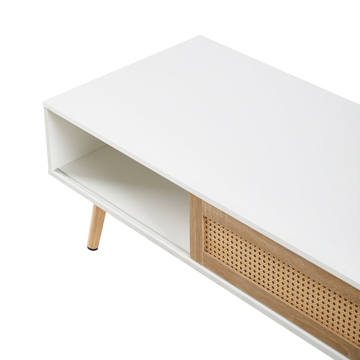 41.34" Rattan Coffee table sliding door for storage solid wood legs White - V.I.P Digital Presence