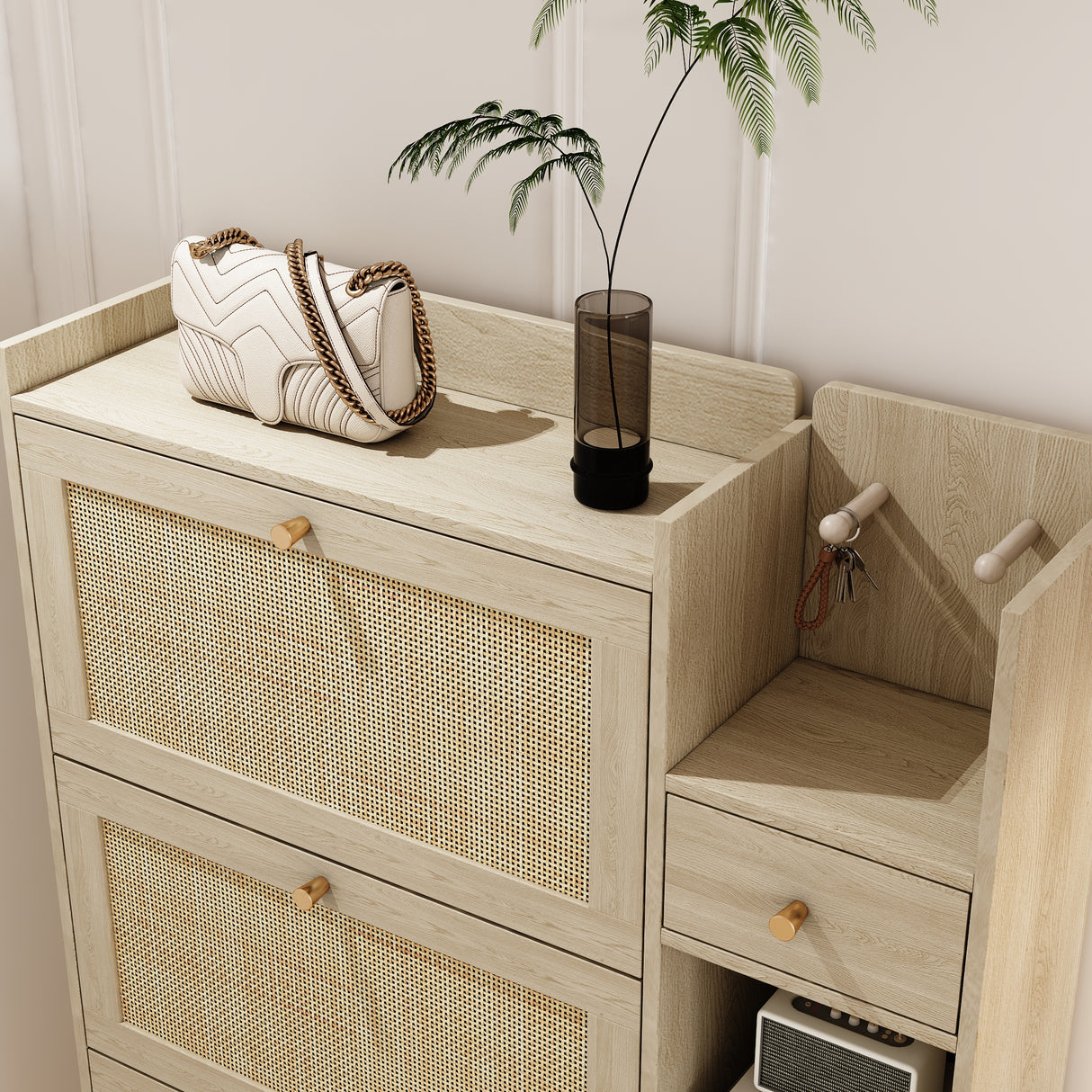 Natural Bohemian style shoe cabinet with 3 rattan flip drawers, 3 square shelves, and 1 storage drawer, Natural - V.I.P Digital Presence