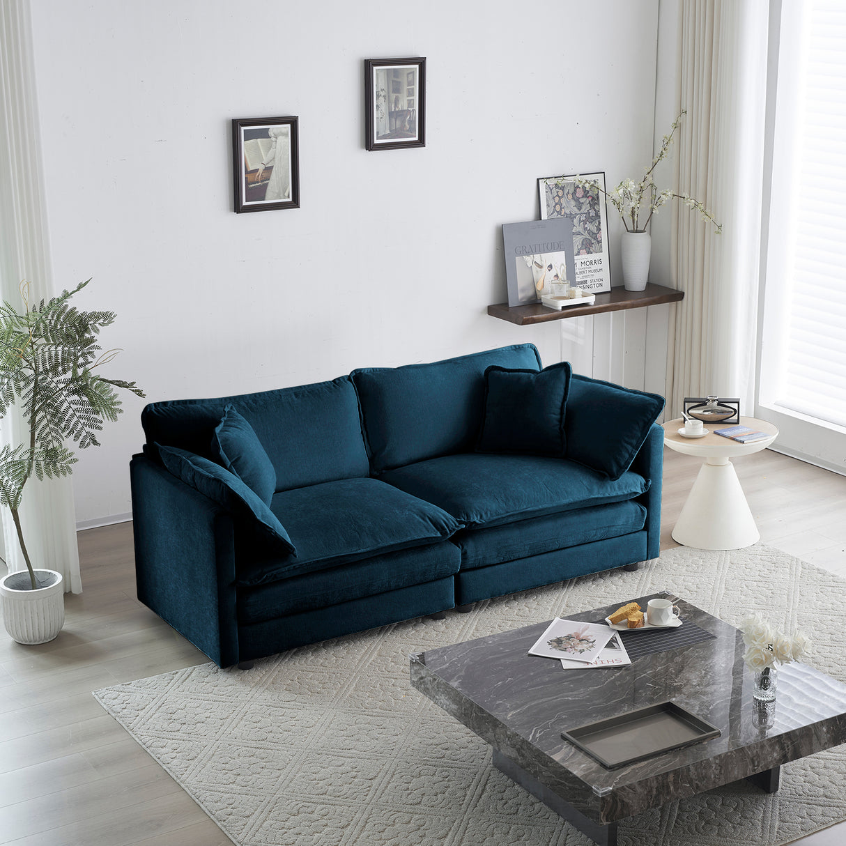 Modern Fabric Loveseat Sofa Couch for Living Room, Upholstered Large Size Deep Seat 2-Seat Sofa with 4 Pillows ,Blue Chenille - V.I.P Digital Presence