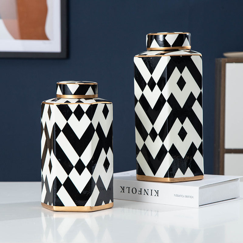 Geometric Black and White Striped Storage Jar Household Ceramic Candy Sealed Jar Vase Sundries Container Home Decoration - V.I.P Digital Presence