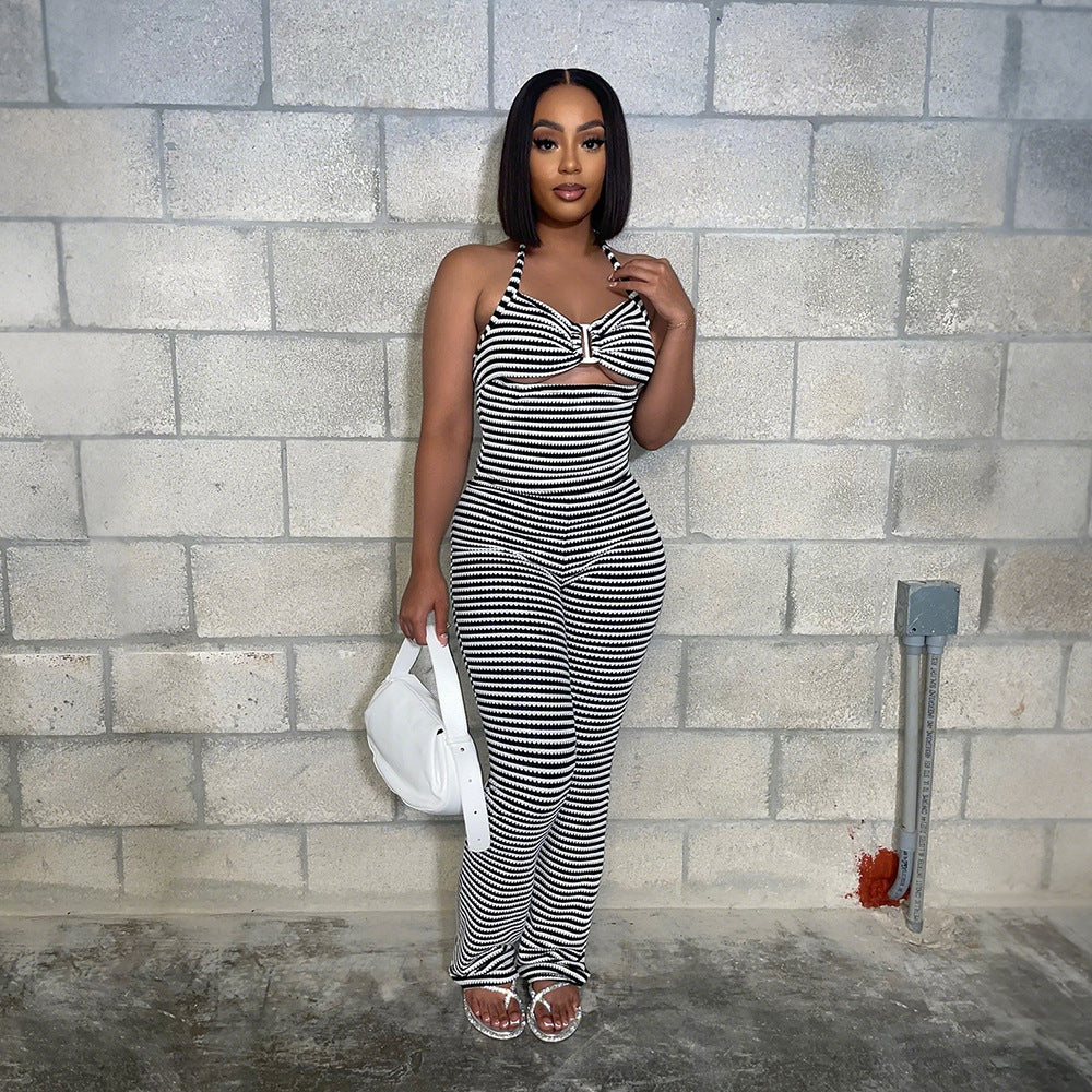 Belted Short Top with Slim Pencil Skirt Two-Piece Set in Jacquard Stripe - V.I.P Digital Presence