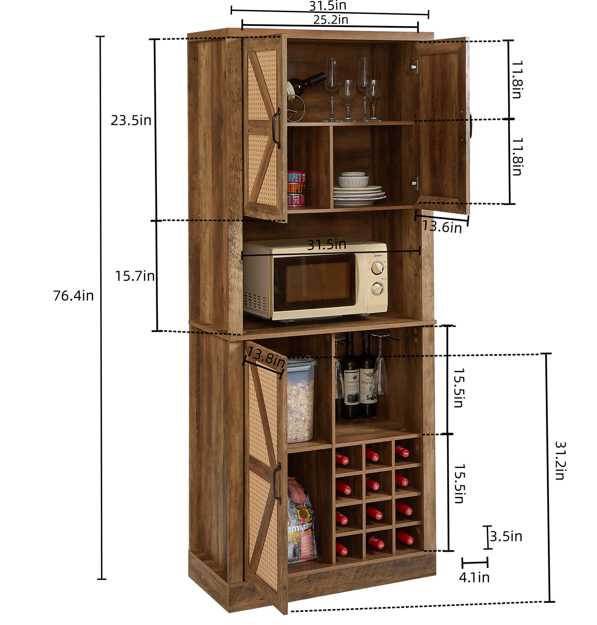 76-Inch Tall Rustic Oak Color Farmhouse Kitchen Faux Rattan Wine Cabinet, Kitchen Bar Cabinet with Square Compartments - V.I.P Digital Presence