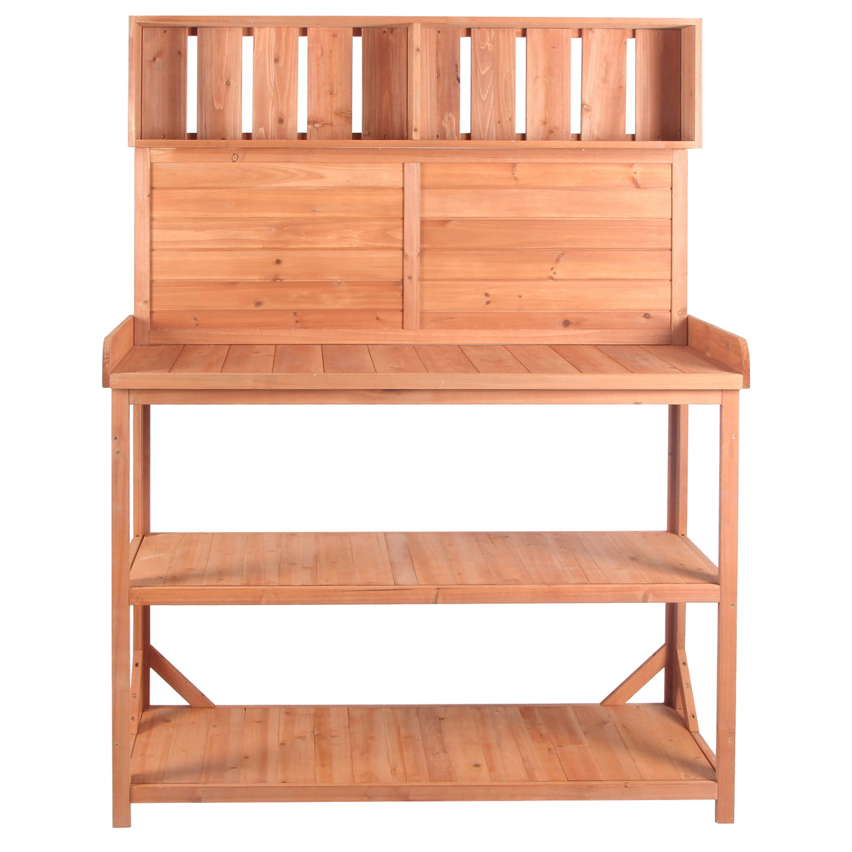 65" Large Wooden Farmhouse Rustic Outdoor Potting Bench Table Garden Potting Bench with 4 Storage Shelves and Side Hook,Natural - V.I.P Digital Presence