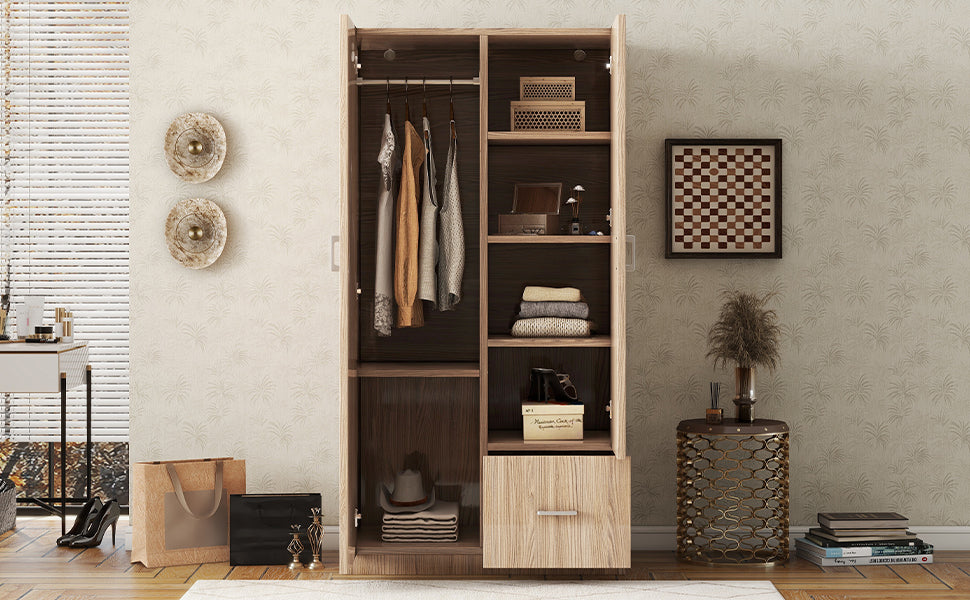 Wooden Wardrobe with Double Doors, Armoire with Hanging Rod, 5 Fixed Shelves, One Storage Drawer,Natural - V.I.P Digital Presence