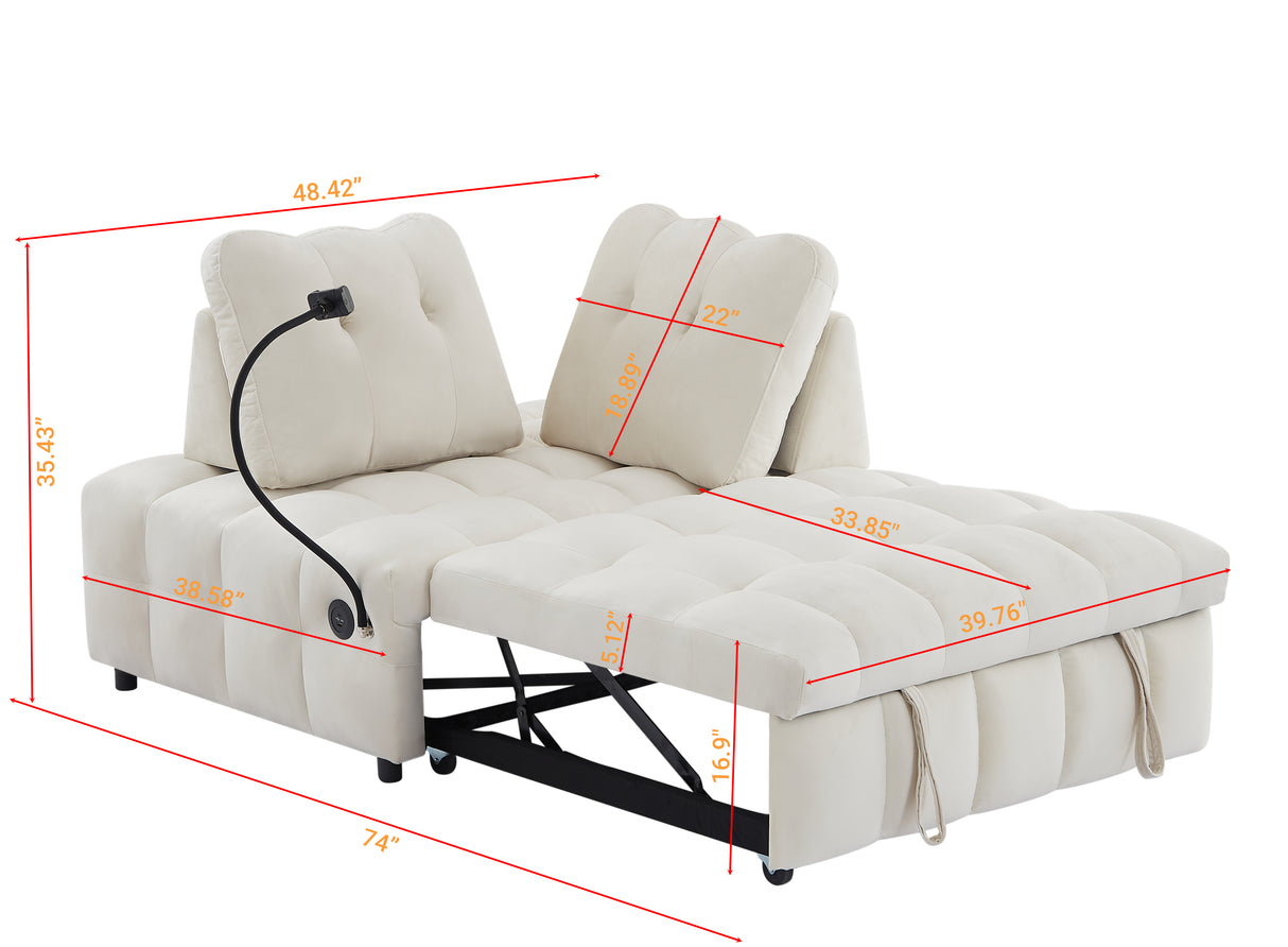 Modern sofa velvet pull-out bed,Independently removable backrest, have USB port and swivel phone stand ,beige - V.I.P Digital Presence