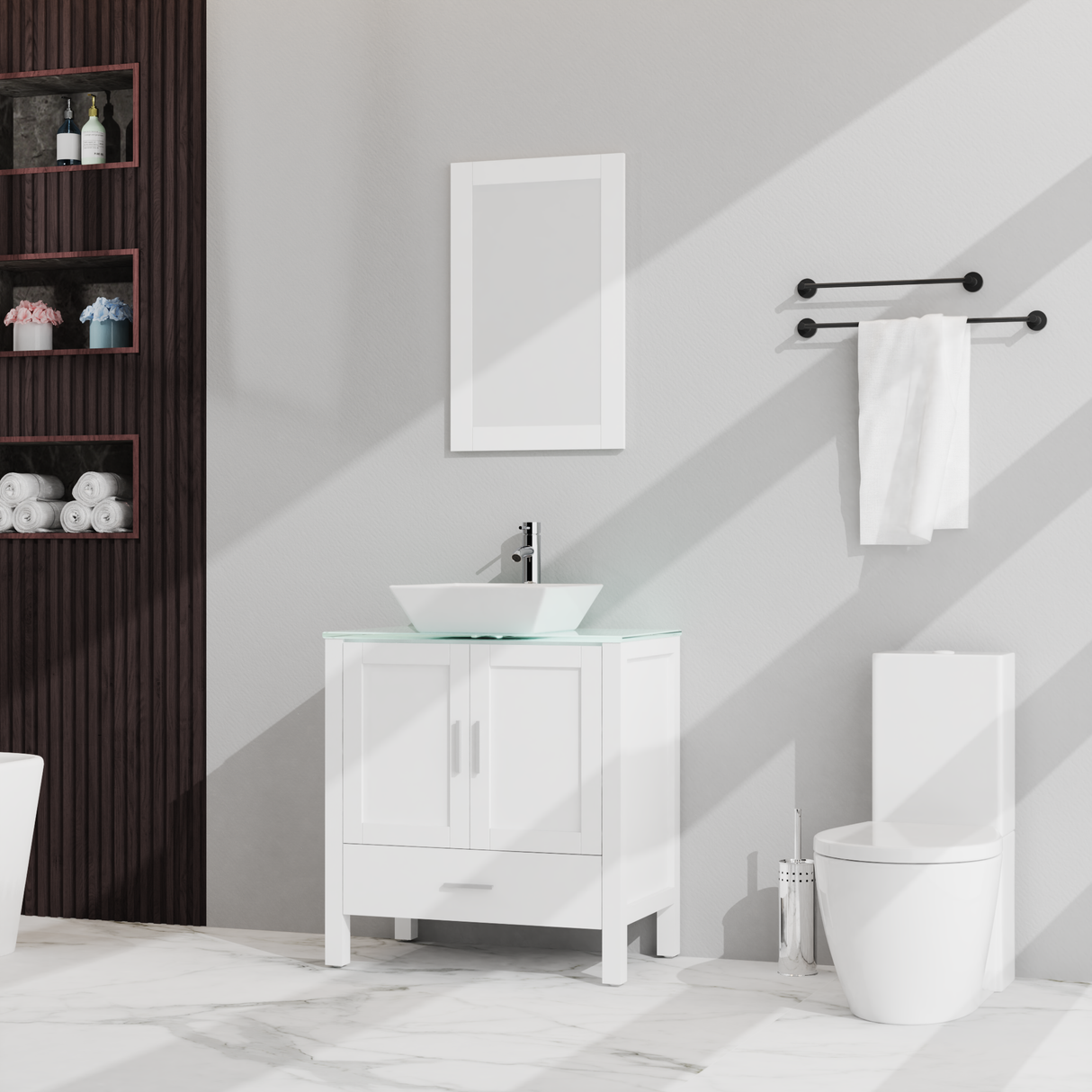 Goodyo 30" Bathroom Vanity and Sink Combo Glass Top Cabinet w/Mirror, White - V.I.P Digital Presence