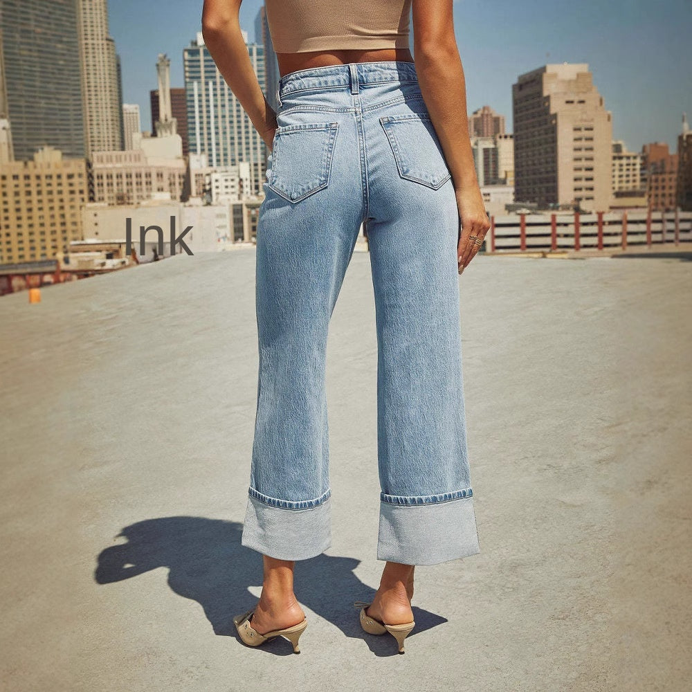 Straight leg jeans women's retro rolled edge high waisted pants - V.I.P Digital Presence