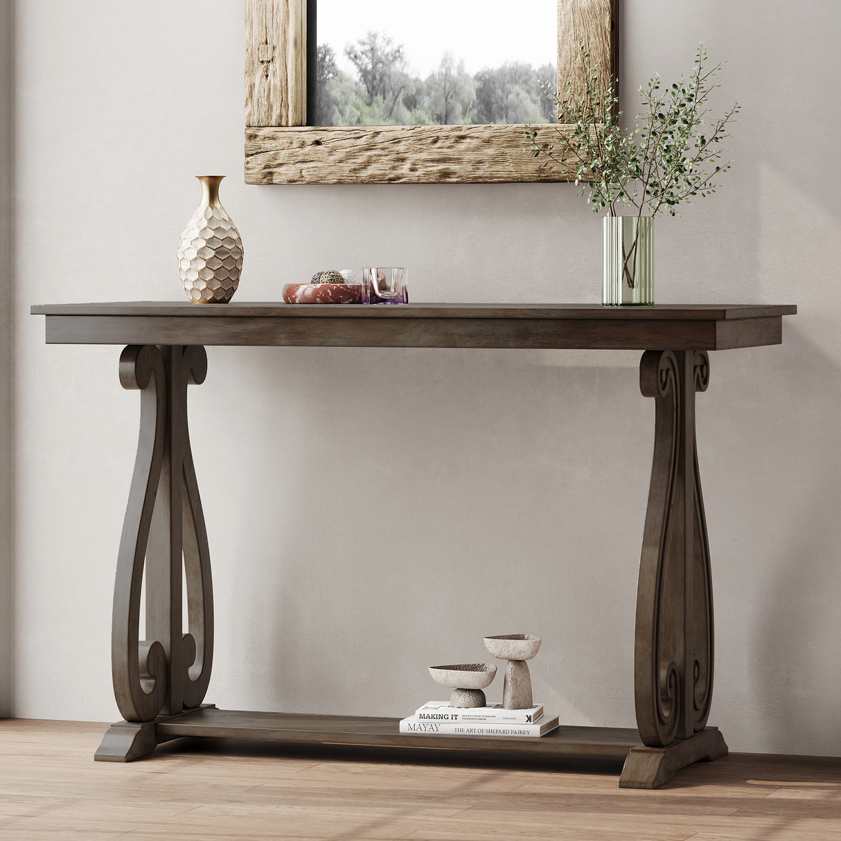 48-Inch Rustic Vintage Console Table --- Farmhouse Style Entryway Table with Open Shelf and Sturdy Construction (Walnut) - V.I.P Digital Presence