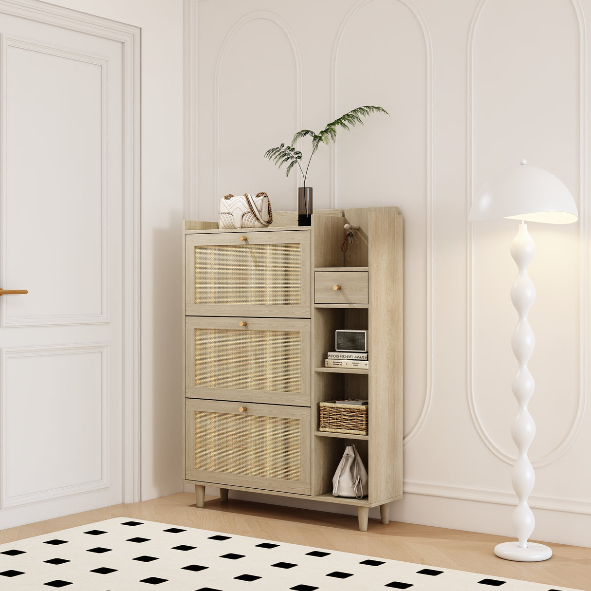 Natural Bohemian style shoe cabinet with 3 rattan flip drawers, 3 square shelves, and 1 storage drawer, Natural - V.I.P Digital Presence