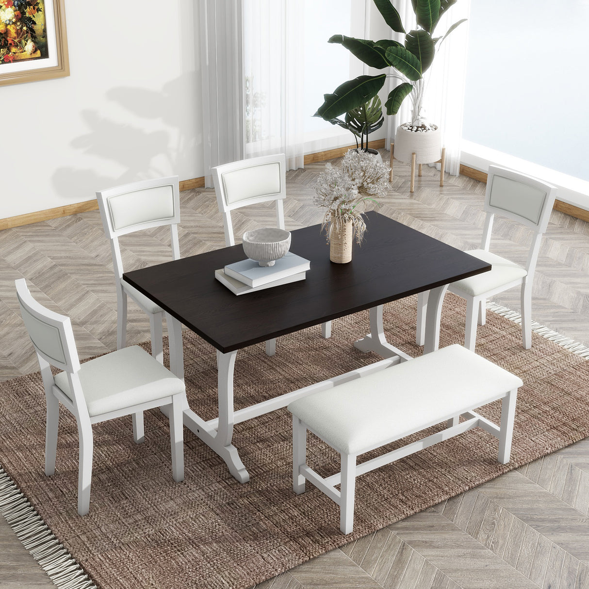 TOPMAX Farmhouse 6-Piece Trestle Dining Table Set with Upholstered Dining Chairs and Bench 59inch, White