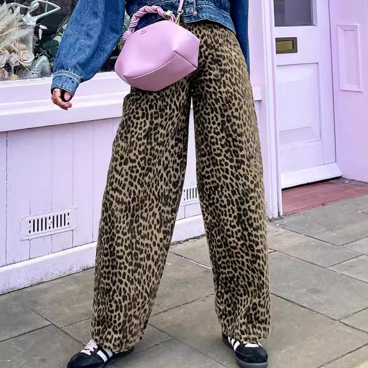 American retro leopard print casual pants with high waist design niche fashion loose and wide leg pants - V.I.P Digital Presence