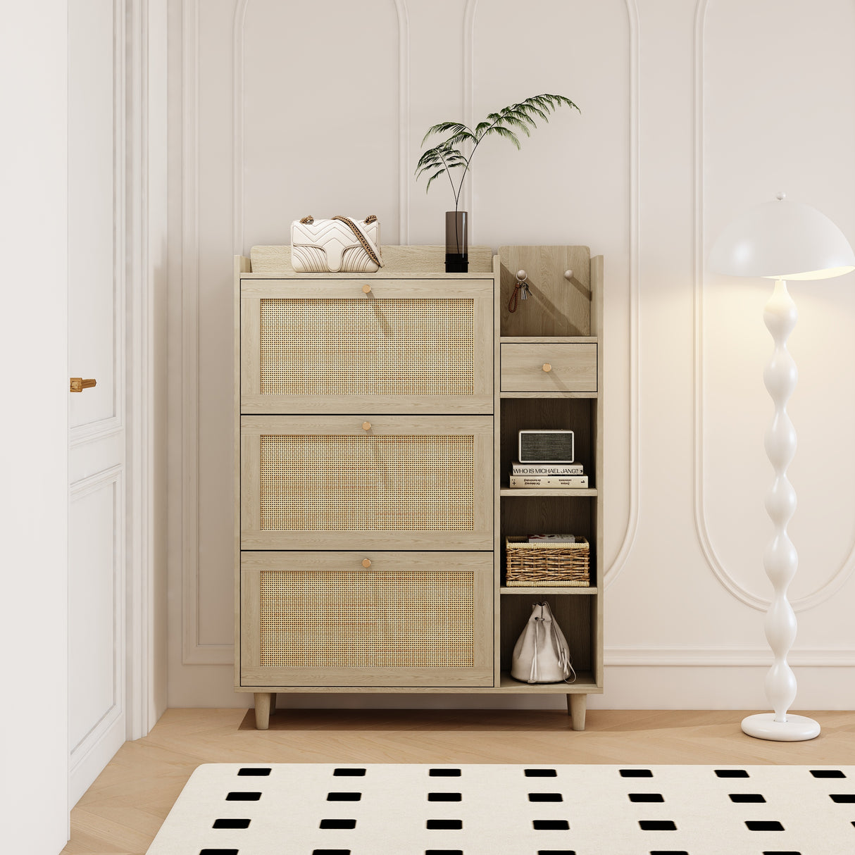 Natural Bohemian style shoe cabinet with 3 rattan flip drawers, 3 square shelves, and 1 storage drawer, Natural - V.I.P Digital Presence