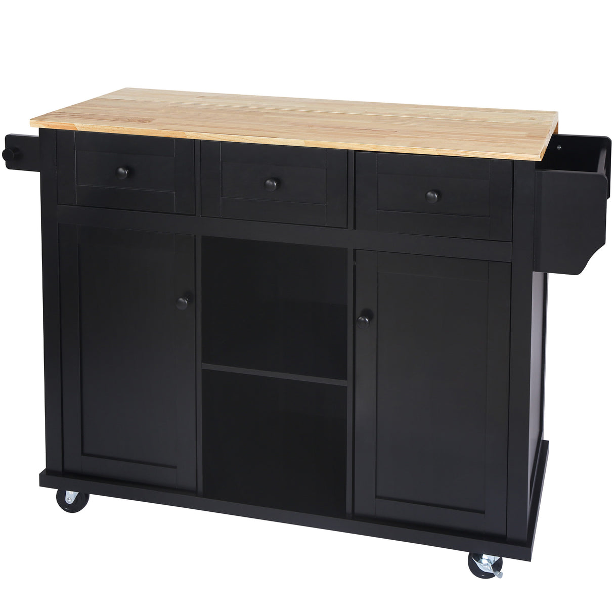 Kitchen trolley with rubber wood leaf countertop, 5-wheel kitchen island, storage cabinet and 3 dining drawers, black - V.I.P Digital Presence