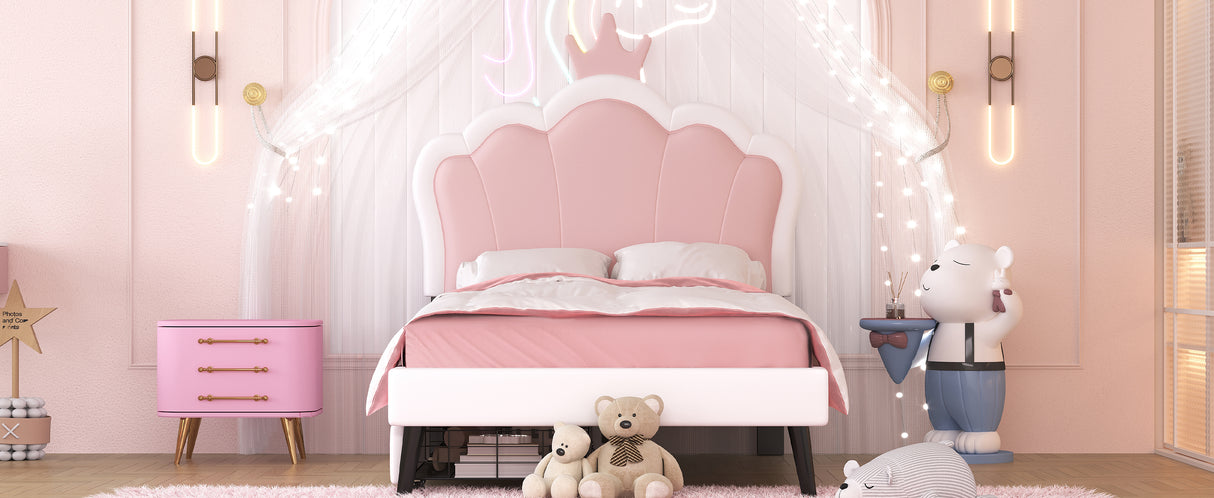 Twin cushion princess bed with crown headboard and 2 drawers with headboard and footrest, pink+white - V.I.P Digital Presence