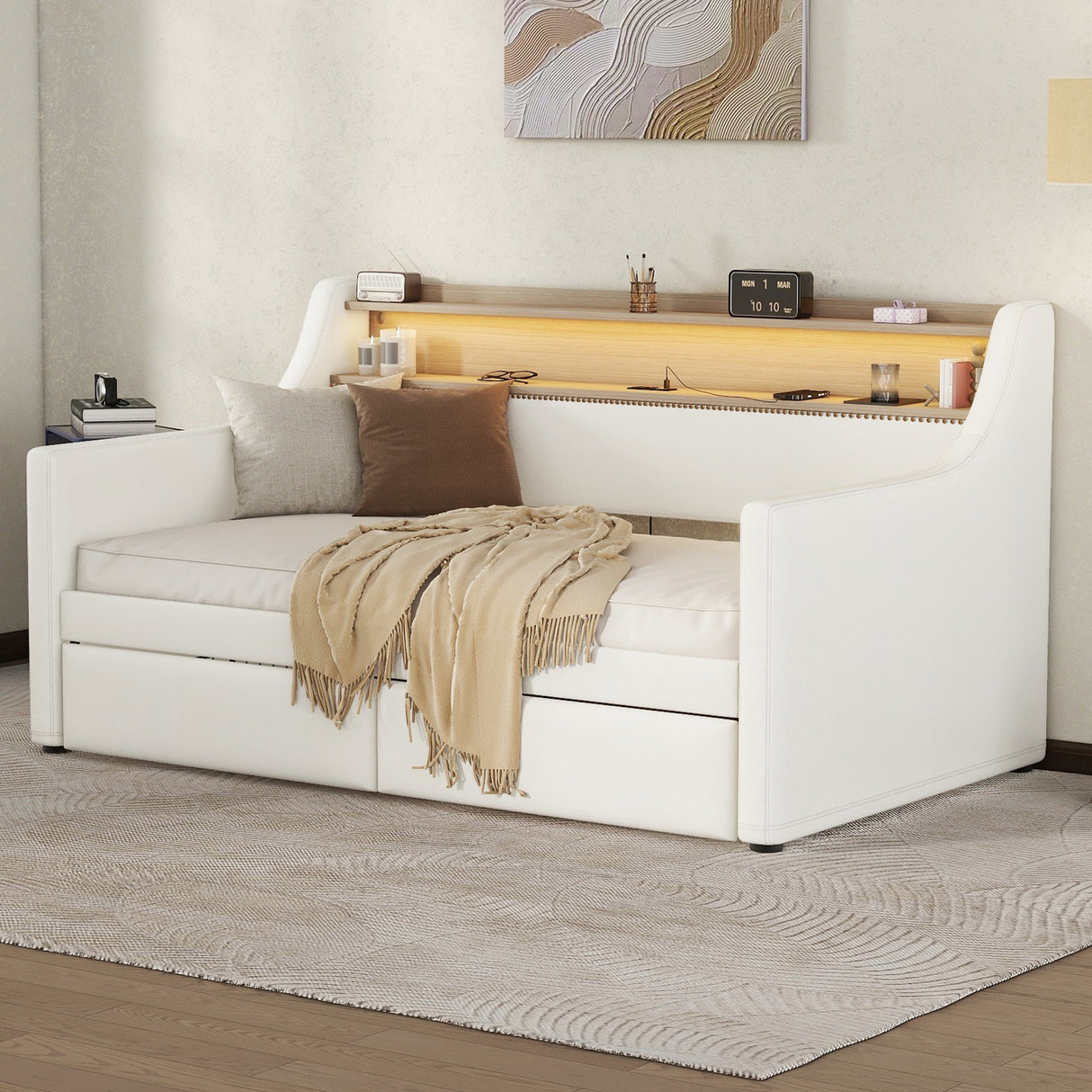 Twin Size Daybed with Drawers, Upholstered Daybed with Charging Station and LED Lights, White - V.I.P Digital Presence