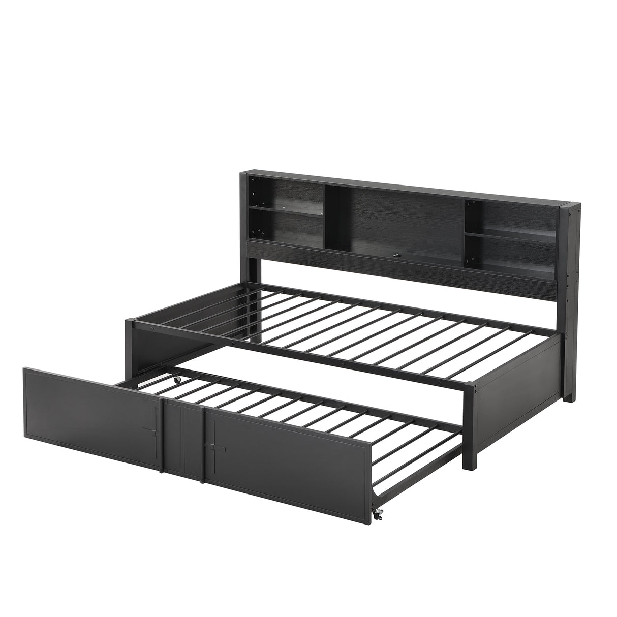 Metal Twin Size Daybed with Twin Size Trundle Storage Shelves and USB Ports Black