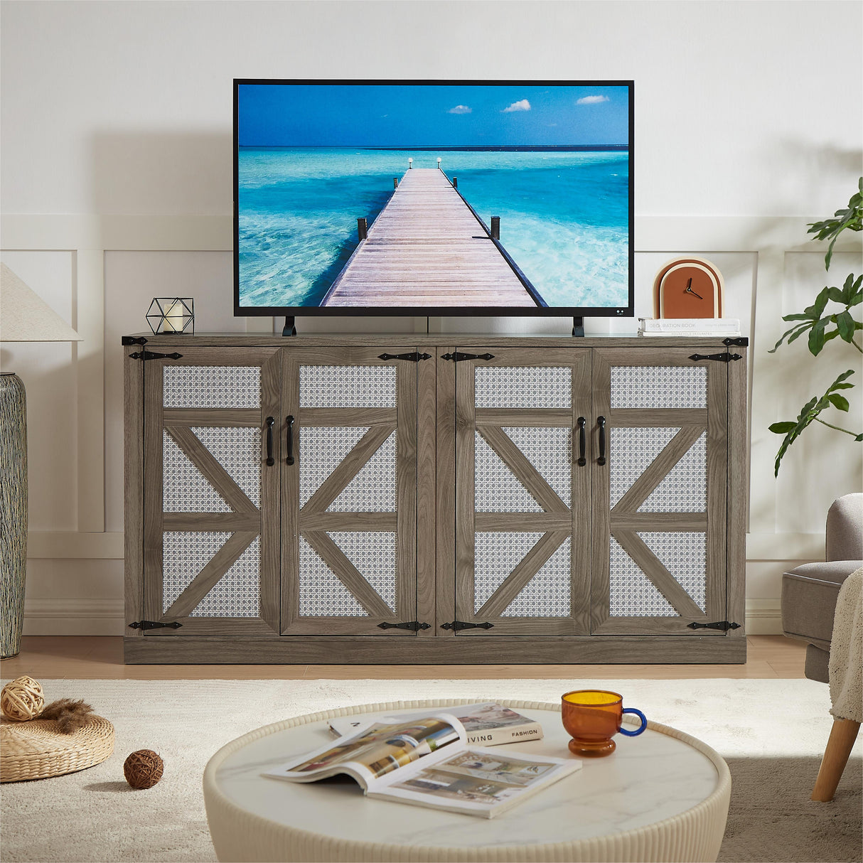 65-Inch Slate Gray Faux Rattan Sideboard with Barn Doors Rustic Sideboard, 4-Door Storage for Living Room, Entryway, Bedroom - V.I.P Digital Presence