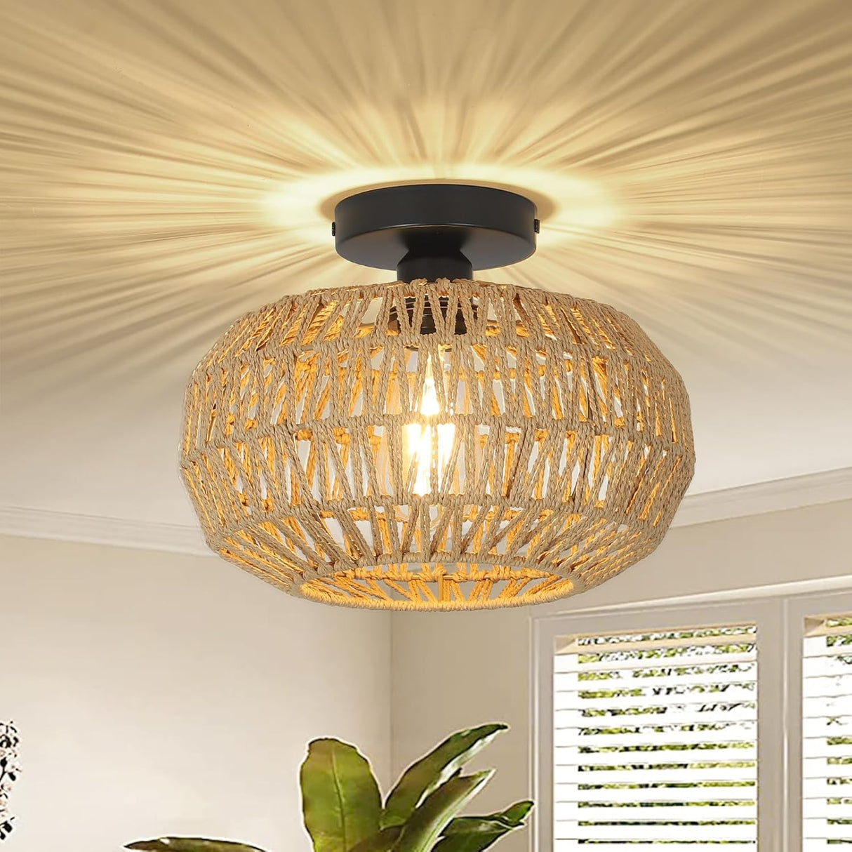 Rattan Light Fixtures Ceiling Mount,Boho Ceiling Light Fixture with Dimmable LED Bulb Mini Hand Woven Rattan - V.I.P Digital Presence