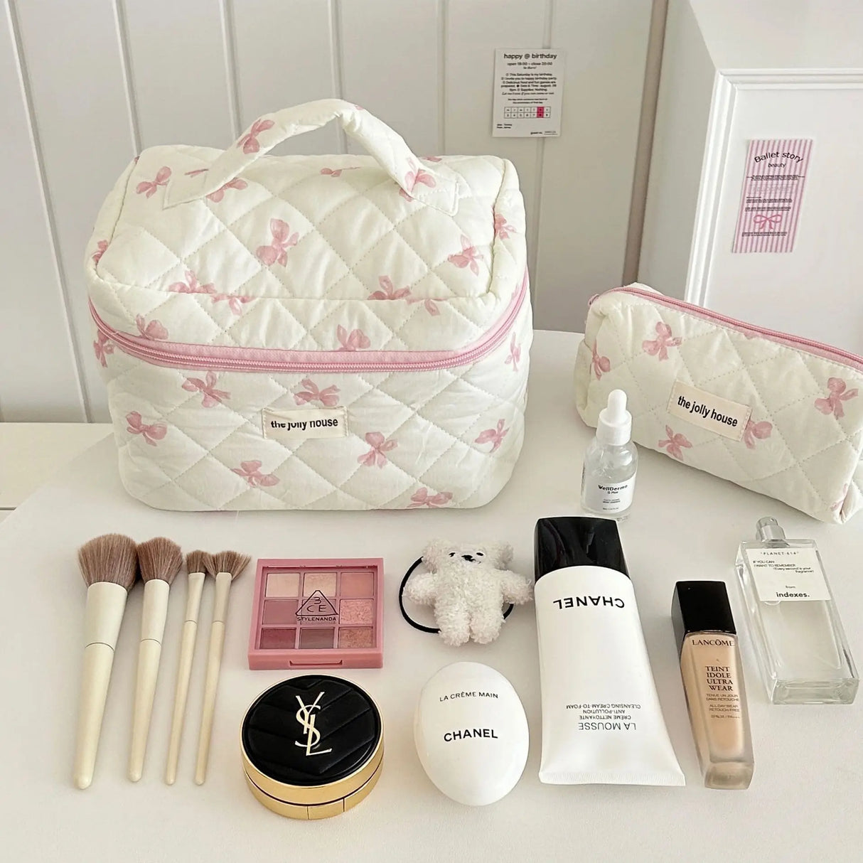 Cute Bow Flower Quilting Cotton Makeup Bag Women Zipper Cosmetic Organizer Female Cloth Handbag Portable Toiletry Case for Girls - V.I.P Digital Presence
